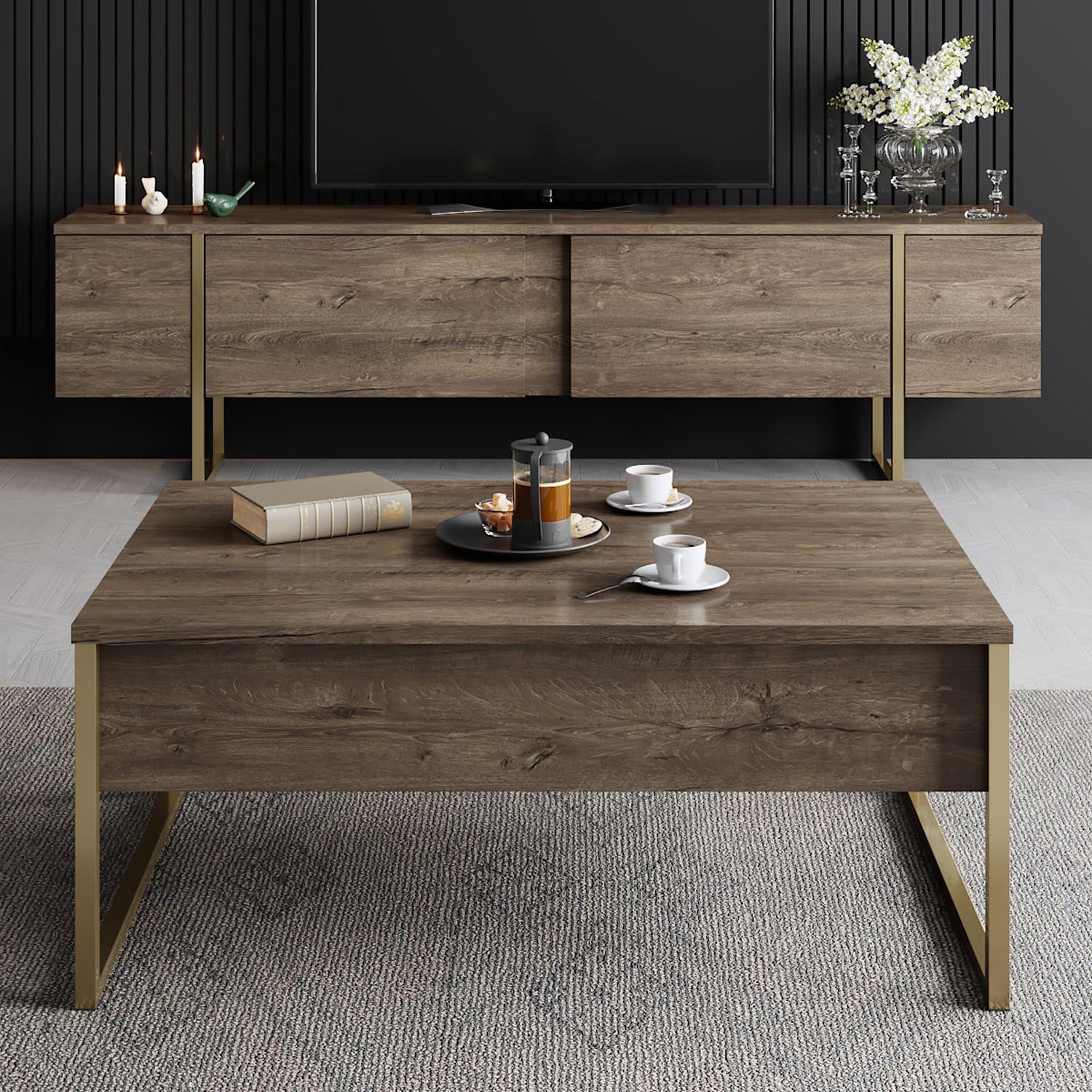 Verleihen Sie Ihrem Wohnraum mit dem luxuriösen TV-Ständer Luxe - Walnut, Gold von Hanah Home einen Hauch von Eleganz und Stil. Hochwertige Materialien und durchdachtes Design für Ihr Zuhause.