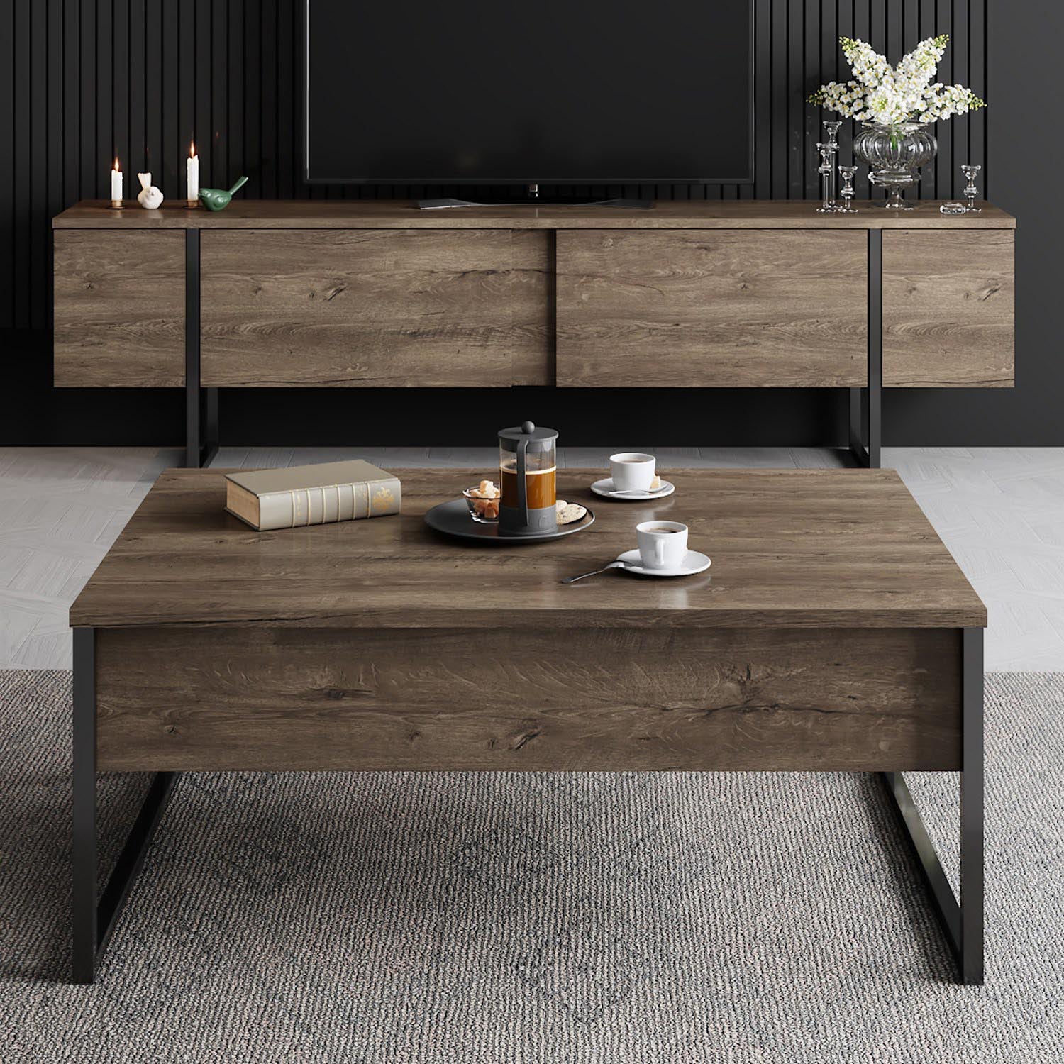 Verleihen Sie Ihrem Wohnzimmer mit dem Luxe - Walnut, Black TV-Ständer von Hanah Home einen Hauch von Eleganz. Funktionalität trifft auf stilvolles Design!