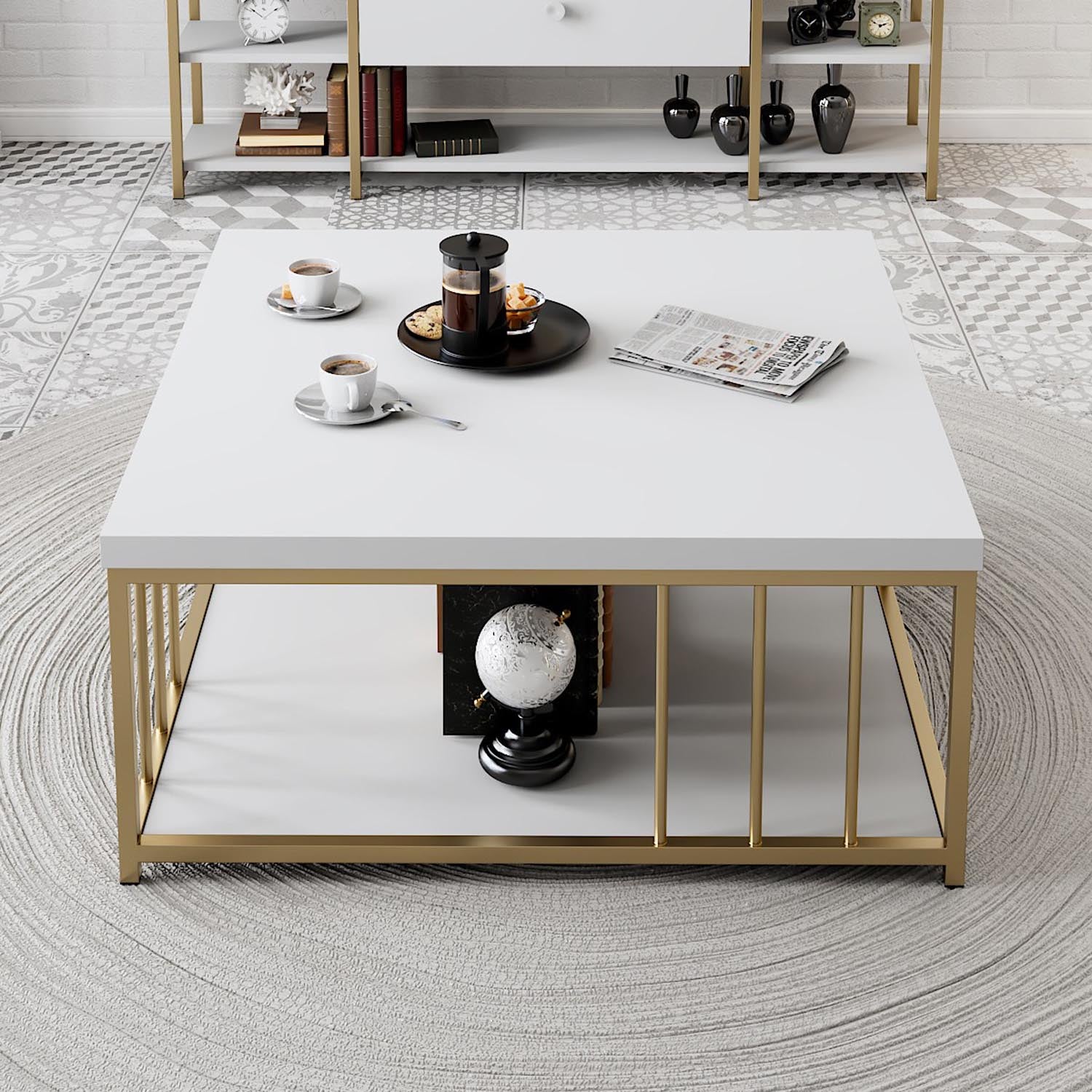 Stilvoller Zenn Sofatisch in Weiß und Gold von Hanah Home. Perfekt für jeden Raum, vereint Eleganz und Funktionalität!