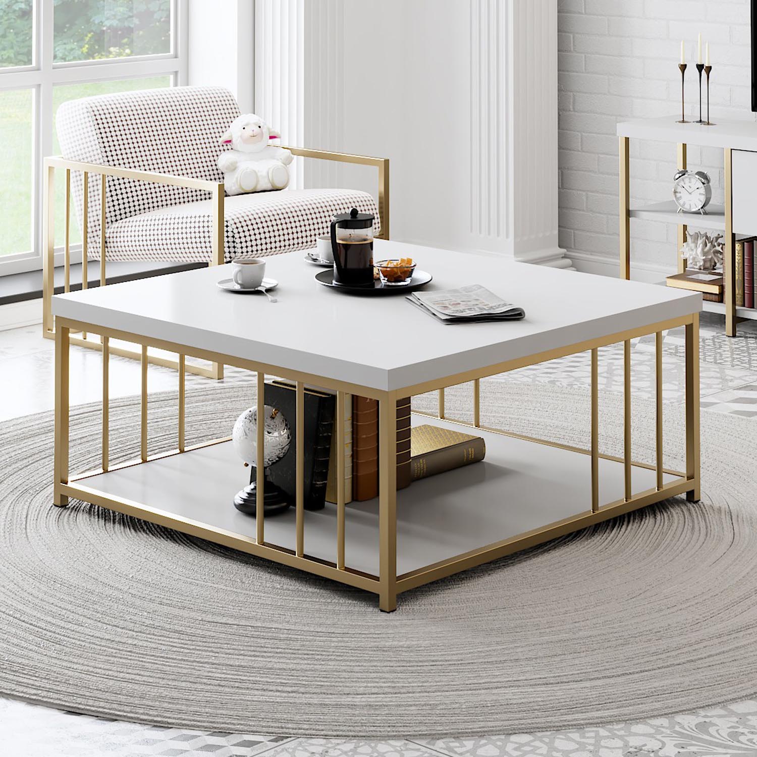 Eleganter Zenn Sofatisch in Weiß und Gold von Hanah Home. Verleihen Sie Ihrem Wohnraum einen Hauch von Luxus und Stil!