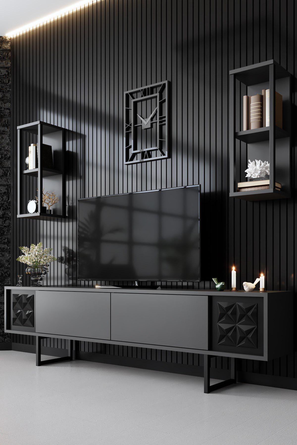 Entdecken Sie den eleganten TV-Ständer Black Line - Anthracite, Black von Hanah Home. Stilvolles Design, großer Stauraum und langlebige Qualität für Ihr Wohnzimmer.