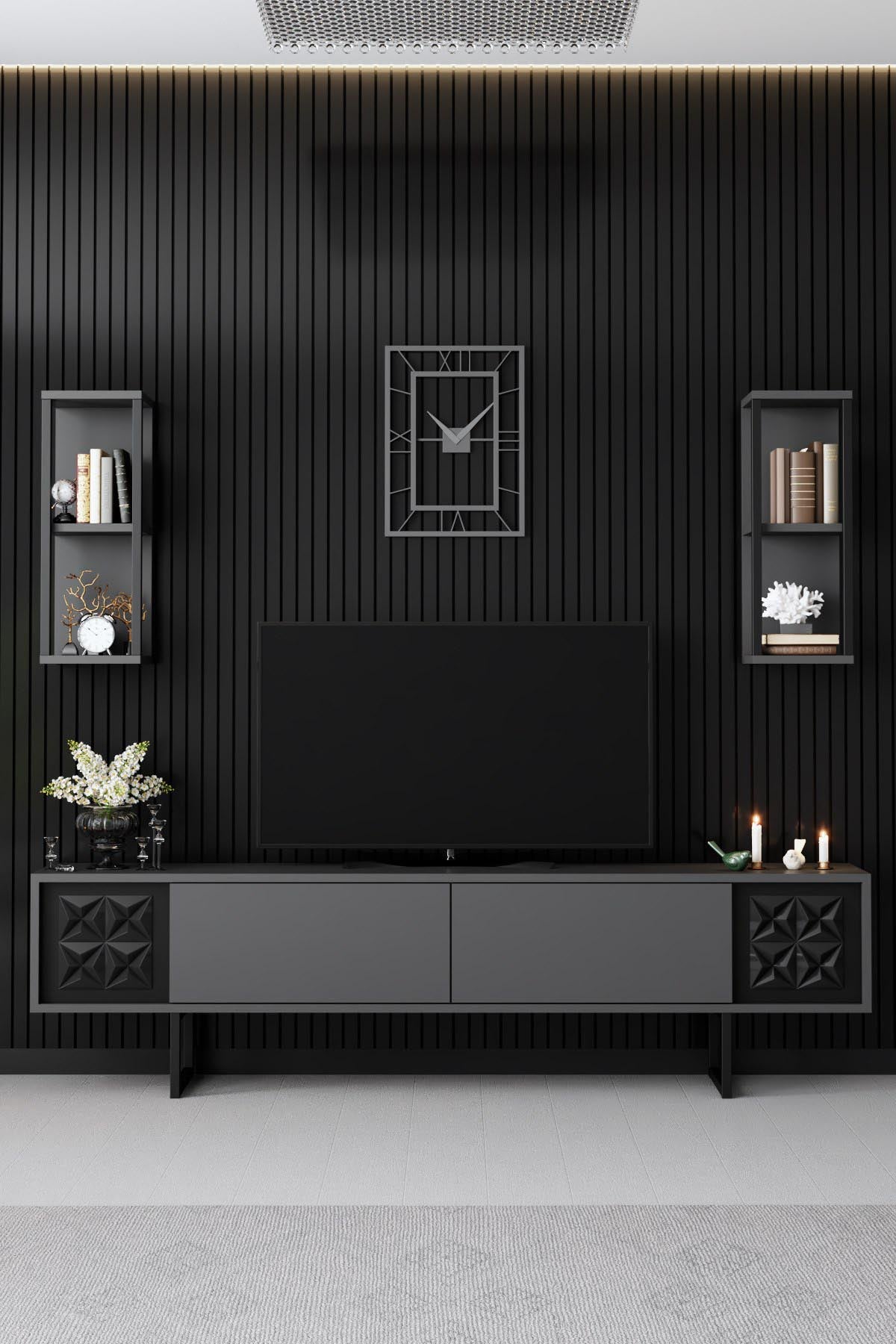 Verleihen Sie Ihrem Wohnzimmer mit dem TV-Ständer Black Line - Anthracite, Black von Hanah Home einen modernen Akzent. Elegantes Design und praktischer Stauraum.