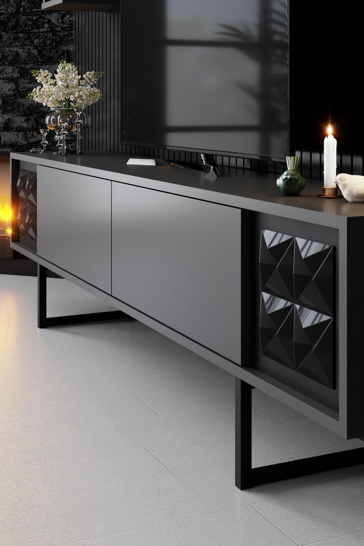 Verleihen Sie Ihrem Wohnraum mit dem eleganten TV-Ständer Black Line - Anthracite, Black von Hanah Home einen modernen Akzent. Stil und Stauraum vereint!