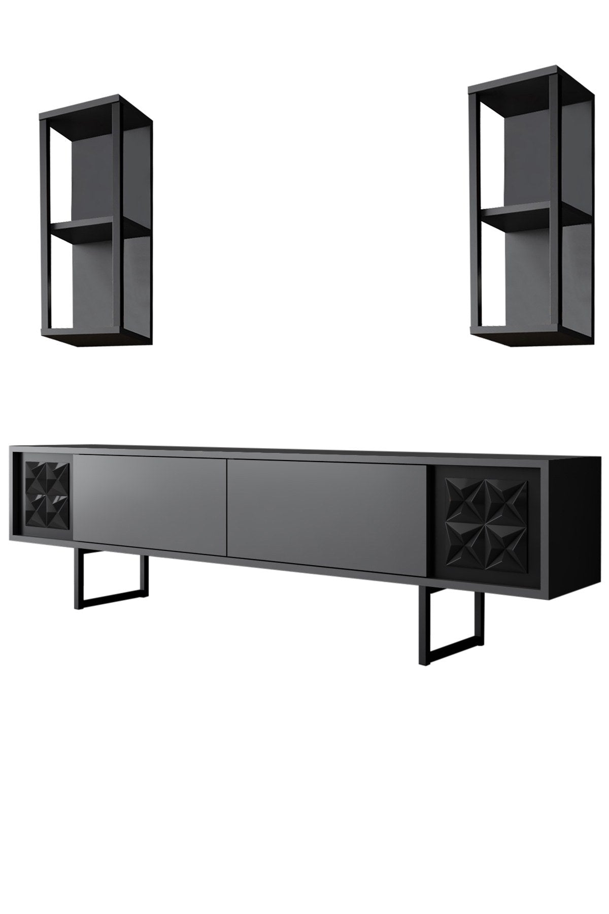 Verleihen Sie Ihrem Wohnraum mit dem eleganten TV-Ständer Black Line - Anthracite, Black von Hanah Home einen modernen Akzent. Stil und Stauraum vereint!