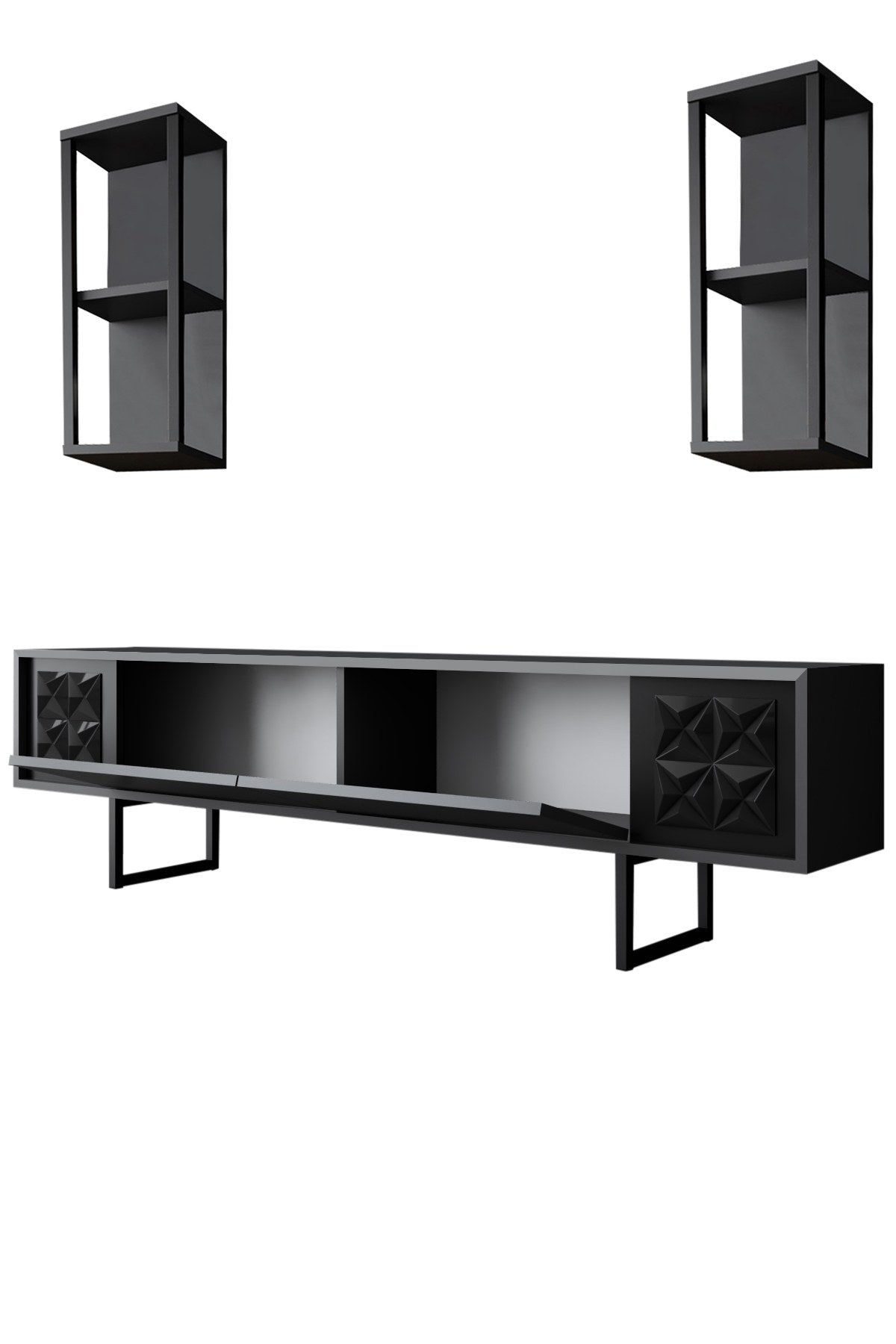 Verleihen Sie Ihrem Wohnraum mit dem eleganten TV-Ständer Black Line - Anthracite, Black von Hanah Home einen modernen Akzent. Stil und Stauraum vereint!