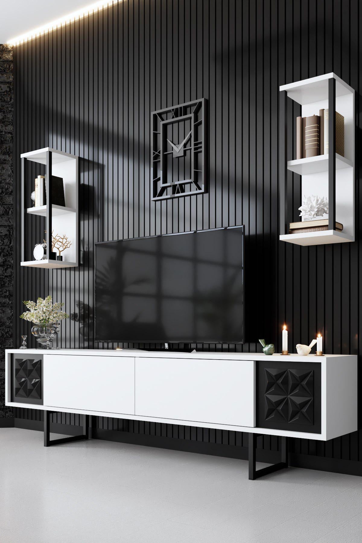 Entdecken Sie das stilvolle TV-Möbel Black Line - White, Black von Hanah Home. Modernes Design, langlebige Materialien und eleganter Look für Ihr Wohnzimmer.