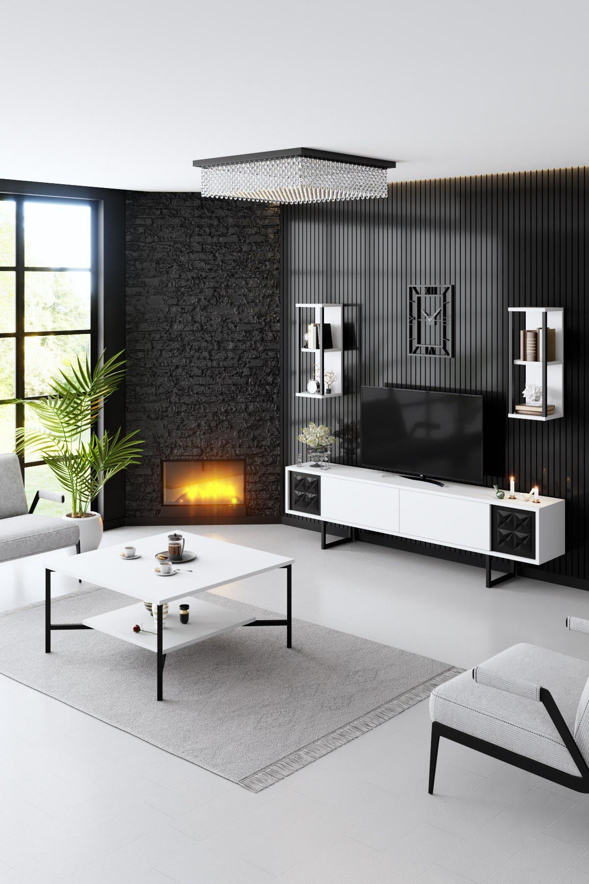 Gestalten Sie Ihr Wohnzimmer neu mit dem stilvollen Black Line - White, Black TV-Möbel von Hanah Home. Eleganz und Funktionalität vereint!