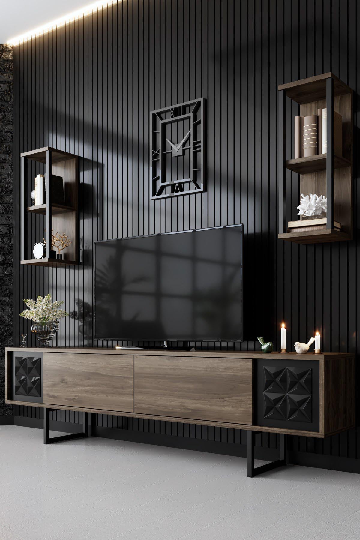 Entdecken Sie das elegante TV-Element Black Line in Walnuss und Schwarz von Hanah Home. Stilvolles Design trifft auf praktische Funktionalität.