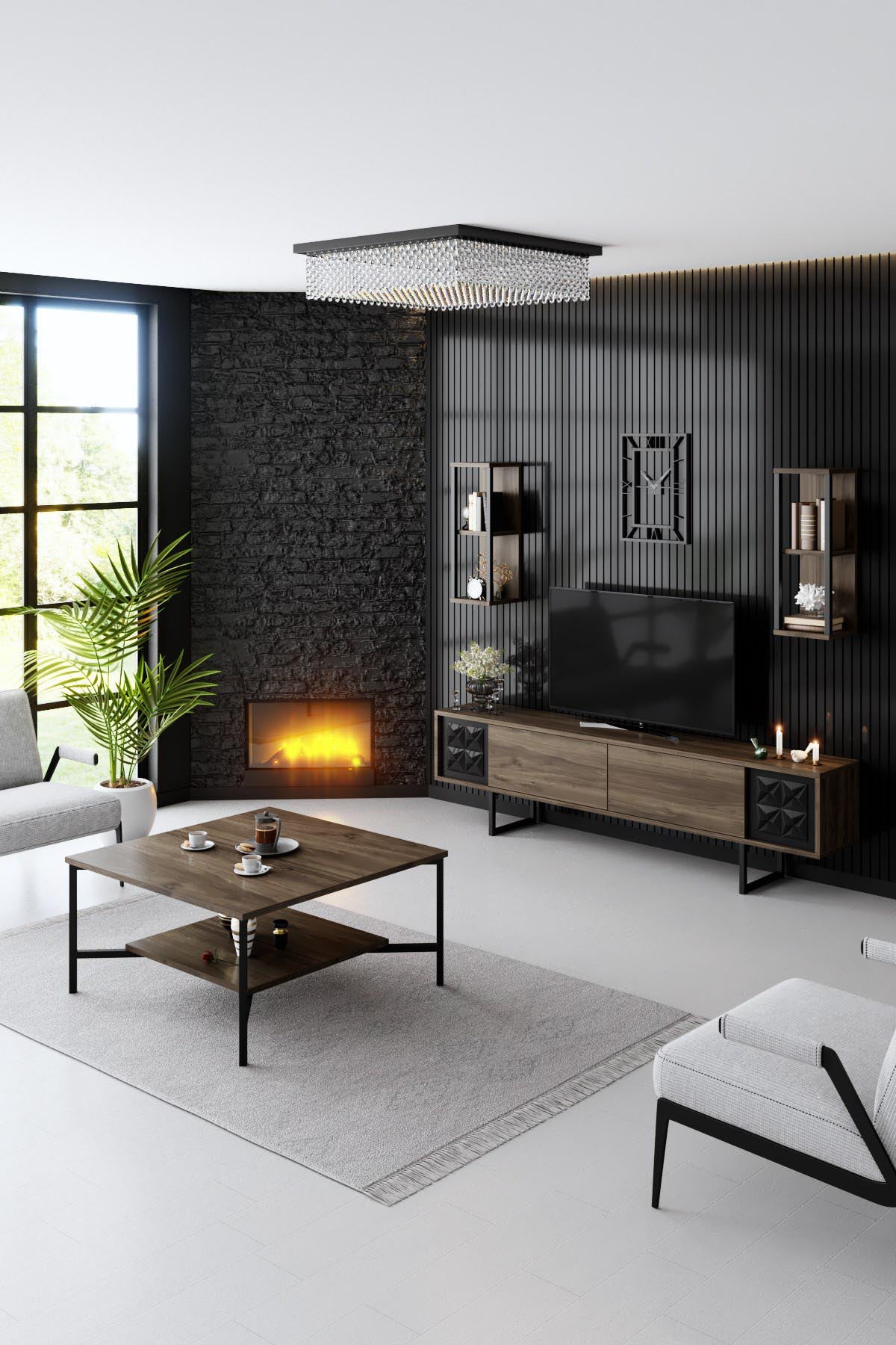 Entdecken Sie das Black Line TV-Element von Hanah Home: Stilvolles Design in Walnuss und Schwarz, ideal für modernen Wohnkomfort und praktischen Stauraum.