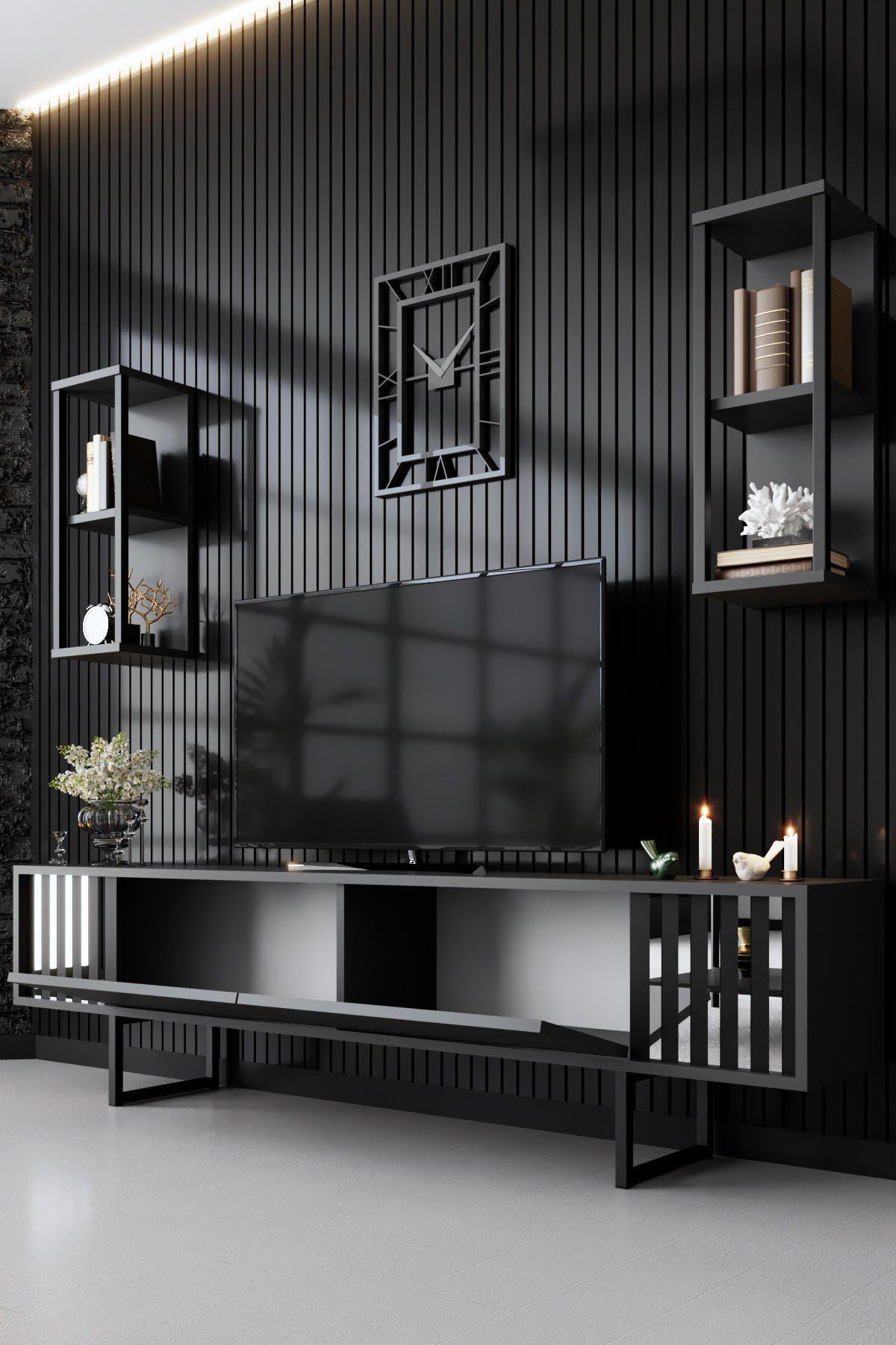 Gestalten Sie Ihr Wohnzimmer neu mit dem eleganten Chrome Line TV-Möbel in Anthrazit Schwarz von Hanah Home. Stilvolles Design trifft auf praktischen Stauraum!