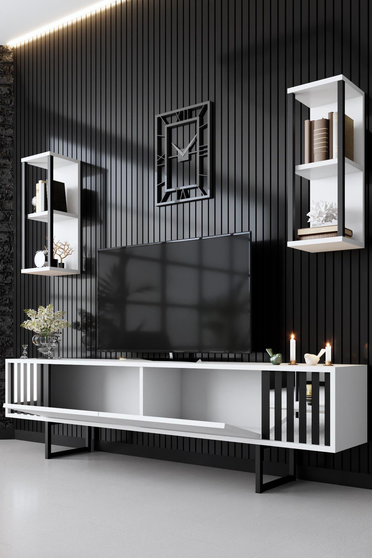 Gestalten Sie Ihr Wohnzimmer neu mit dem eleganten Chrome Line TV-Möbel von Hanah Home in Weiß und Schwarz. Stilvolles Design trifft auf praktische Funktionalität!