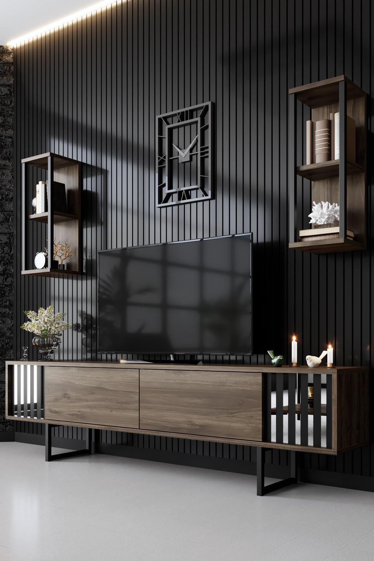 Entdecken Sie das stilvolle Chrome Line TV-Möbel in Walnuss Schwarz von Hanah Home. Elegantes Design, großer Stauraum und moderne Metallfüße.
