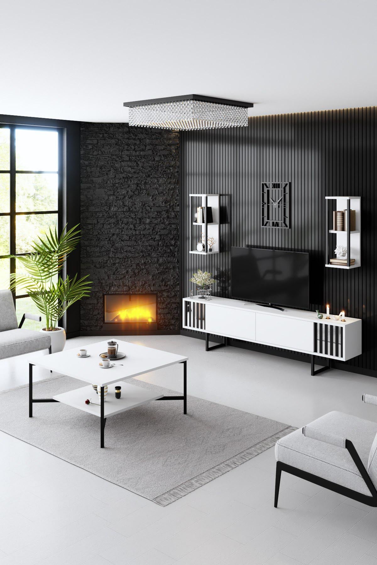 Verleihen Sie Ihrem Wohnzimmer mit dem Black Line - White, Black von Hanah Home einen modernen Akzent. Funktionalität trifft auf elegantes Design!