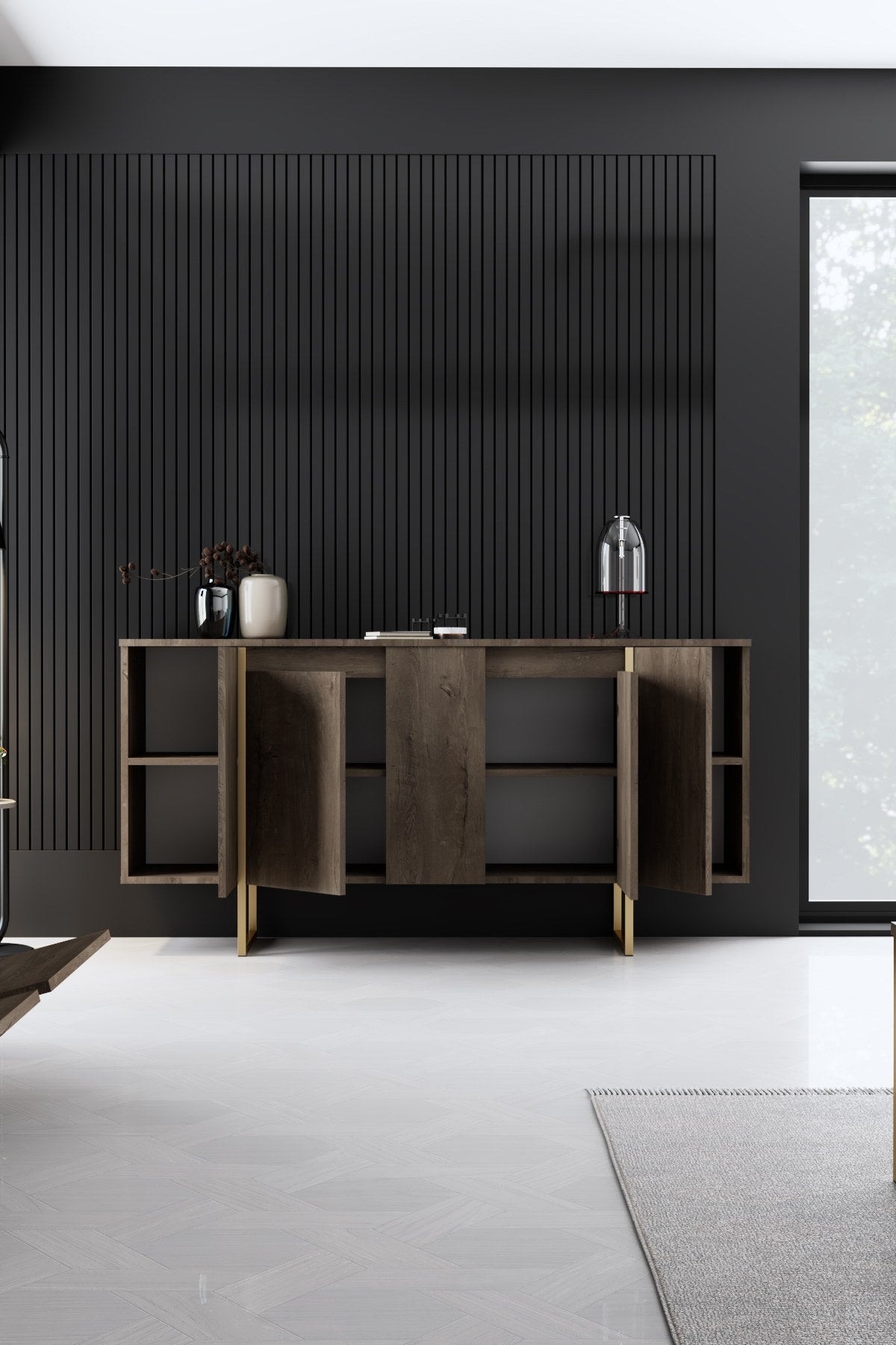 Erleben Sie mit dem TV-Ständer Luxe - Walnut, Gold von Hanah Home eine stilvolle Kombination aus Eleganz und Funktionalität. Hochwertige Verarbeitung und luxuriöses Design.