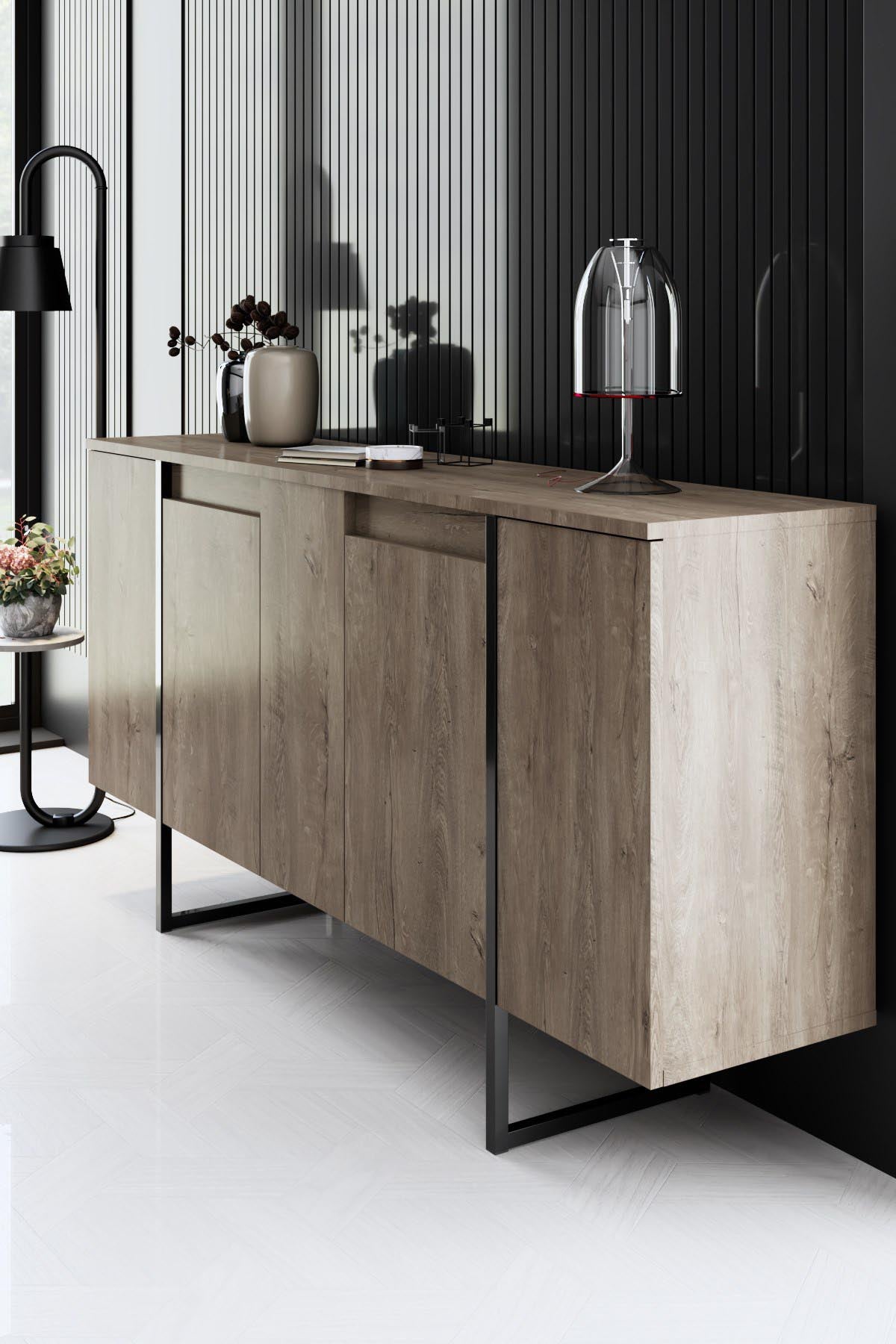 Verleihen Sie Ihrem Wohnraum mit dem eleganten TV-Ständer Luxe - Walnut, Black von Hanah Home einen Hauch von Stil und praktischer Funktionalität.