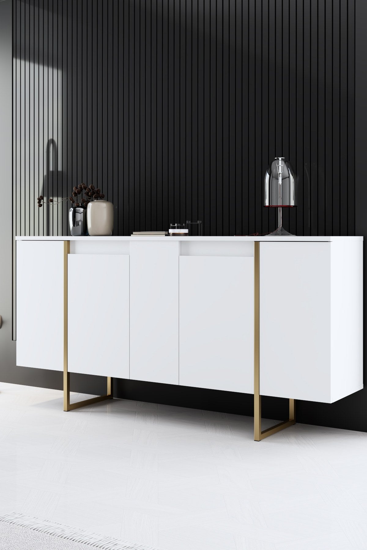 Entdecken Sie den TV-Ständer Luxe - White, Gold von Hanah Home: Stilvolles Design, langlebige Materialien und viel Platz für Ihre Mediengeräte.