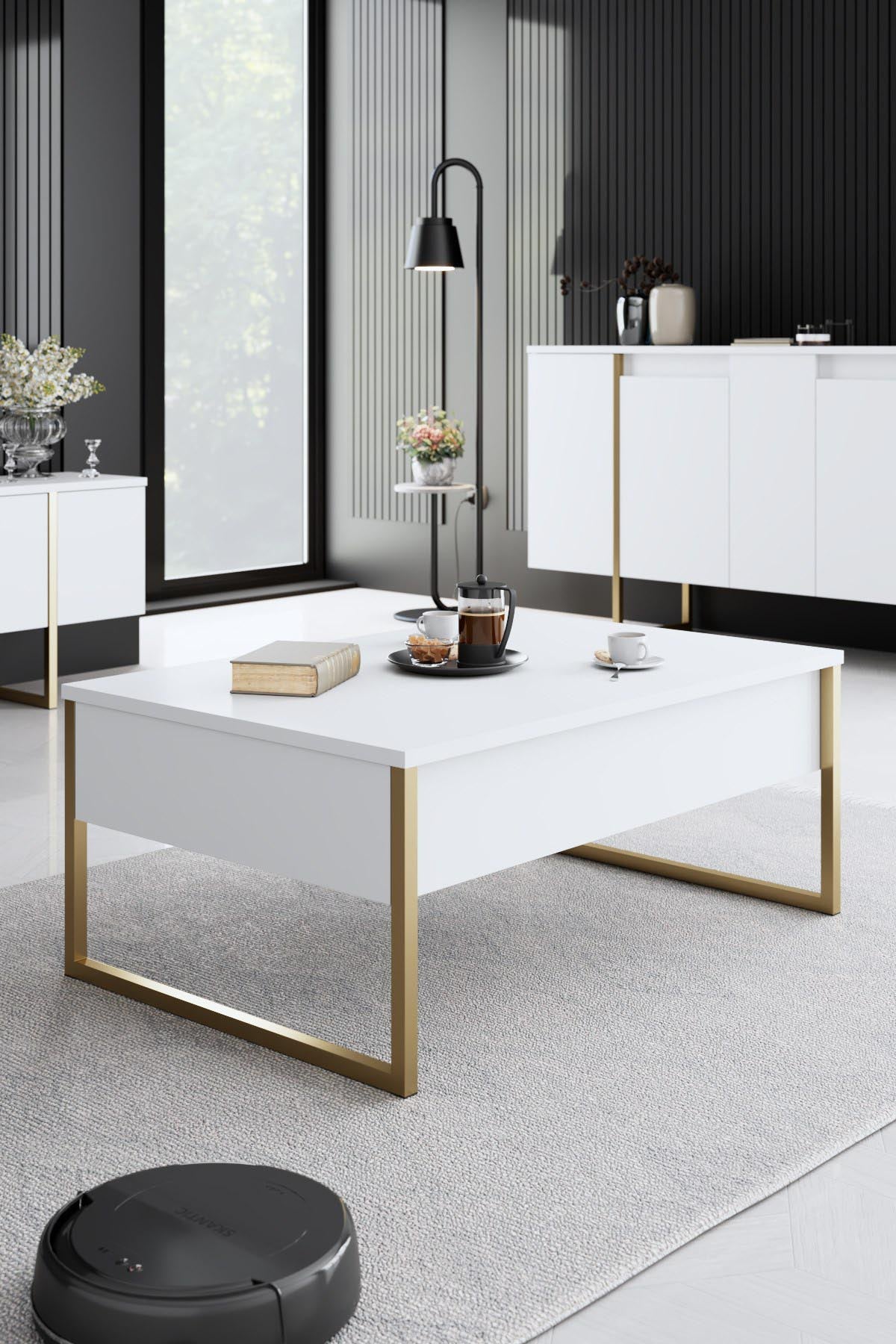 Verleihen Sie Ihrem Wohnzimmer mit dem eleganten TV-Ständer Luxe - White, Gold von Hanah Home einen Hauch von Luxus. Stil und Funktionalität vereint!