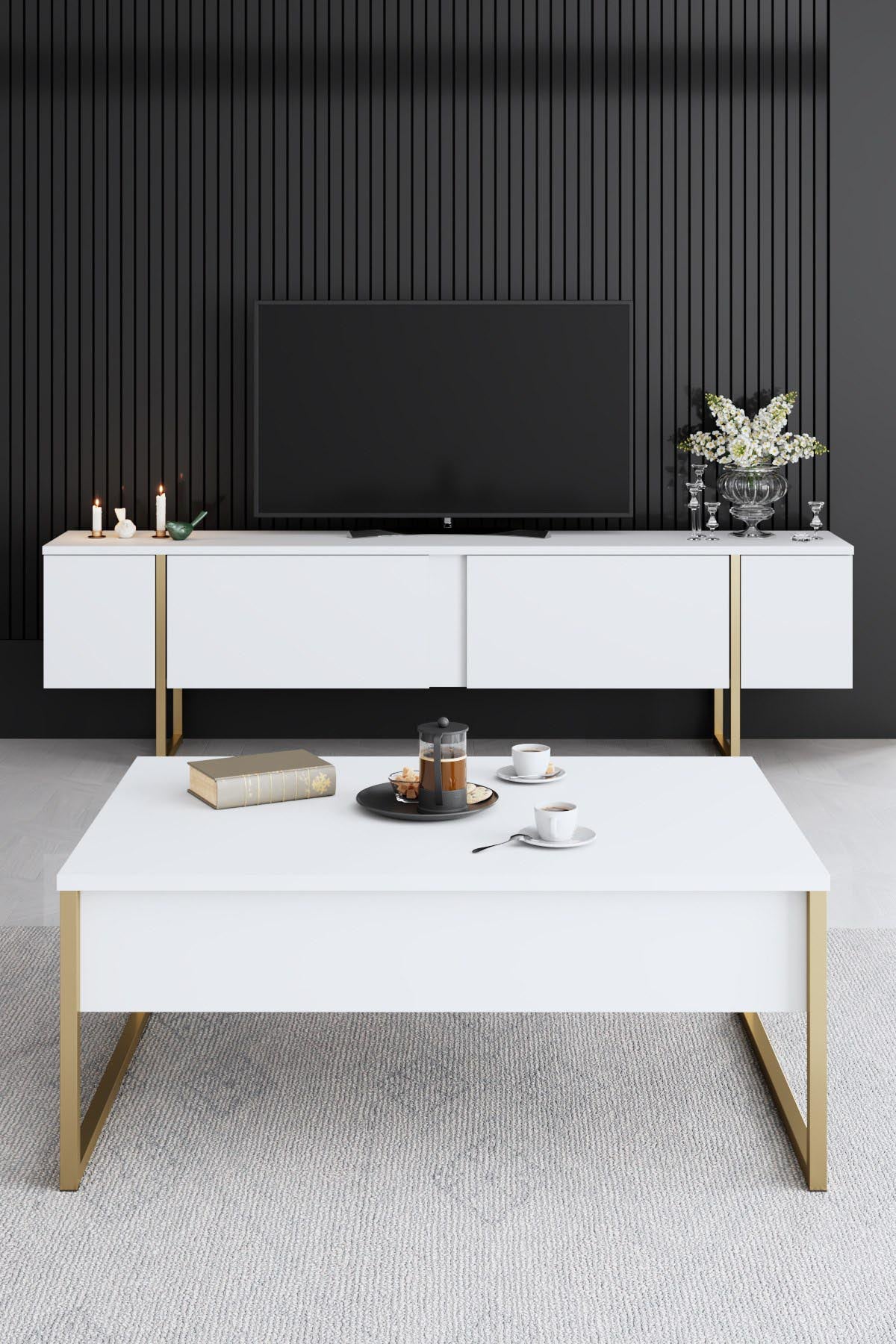 Entdecken Sie den luxuriösen TV-Ständer Luxe - White, Gold von Hanah Home. Elegantes Design trifft auf praktische Funktionalität für Ihr modernes Zuhause.