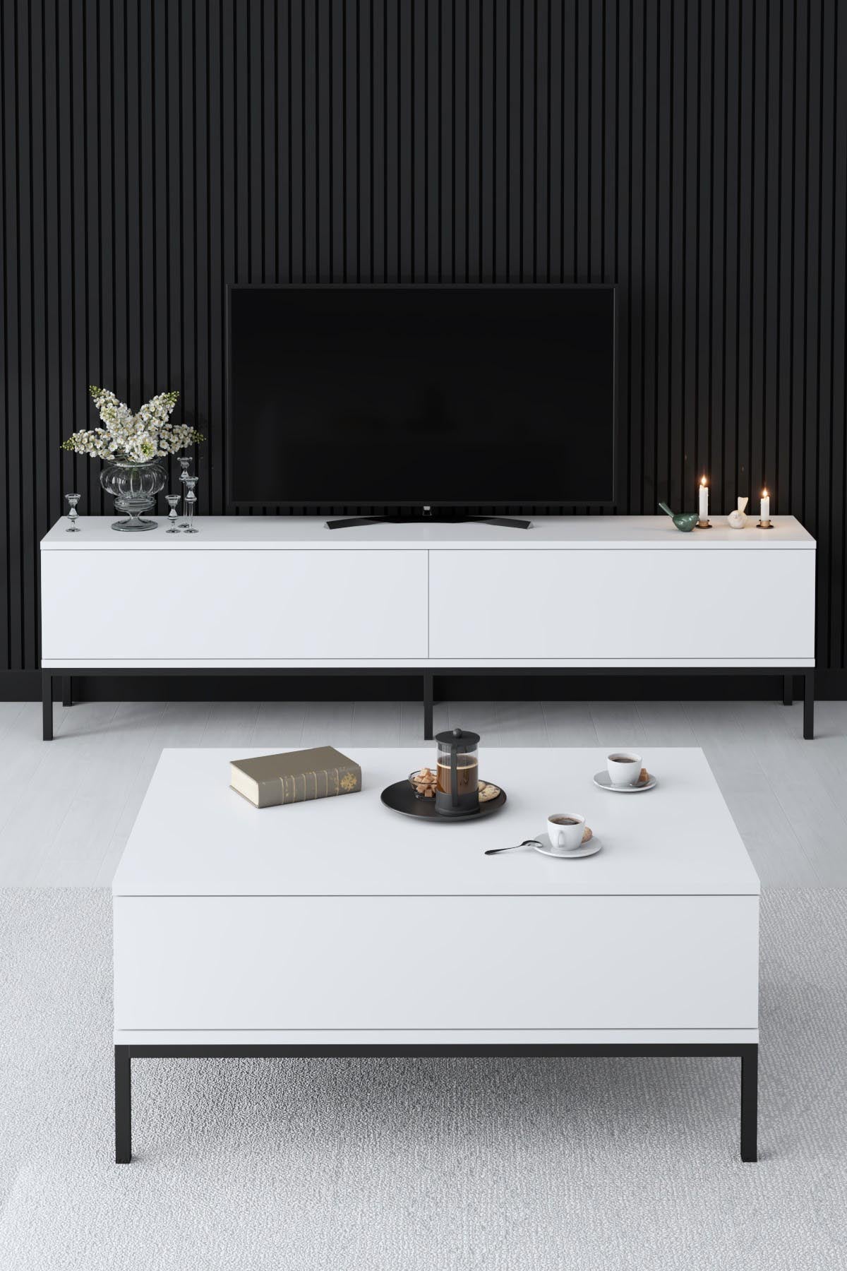 Das Lord Sideboard von Hanah Home in elegantem Schwarz-Weiß bietet stilvolle Aufbewahrungslösungen und verleiht Ihrem Wohnraum einen modernen Touch.