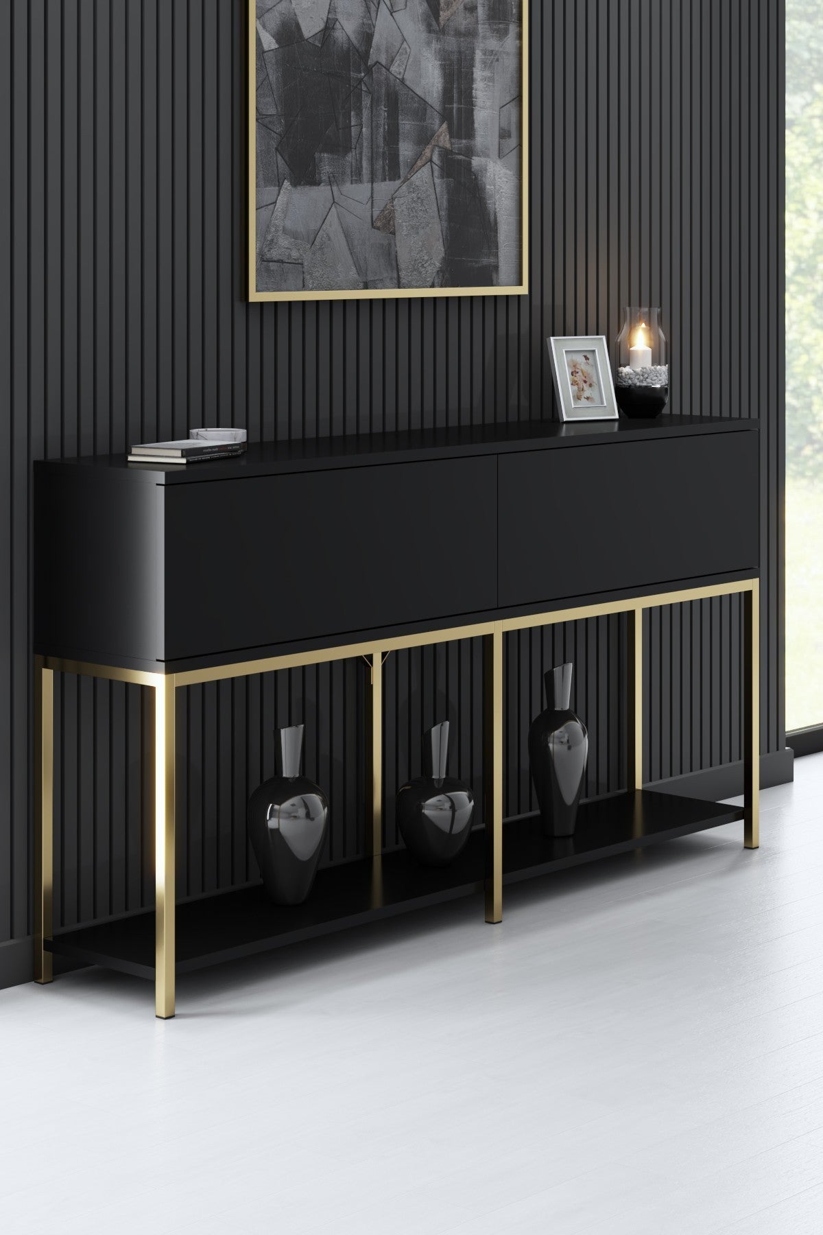 Eleganter TV-Ständer Lord - Black, Gold von Hanah Home: Hochwertige Materialien, stilvolle Metallfüße und zeitloses Design für Ihr Wohnzimmer.