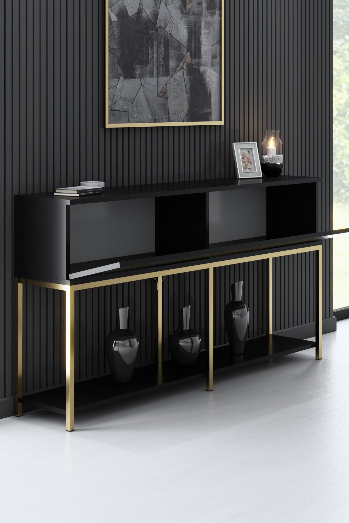 Stilvoller TV-Ständer Lord - Black, Gold von Hanah Home: Robuste melaminbeschichtete Spanplatte, glamouröse Metallfüße und edles Farbdesign für Ihr Zuhause.