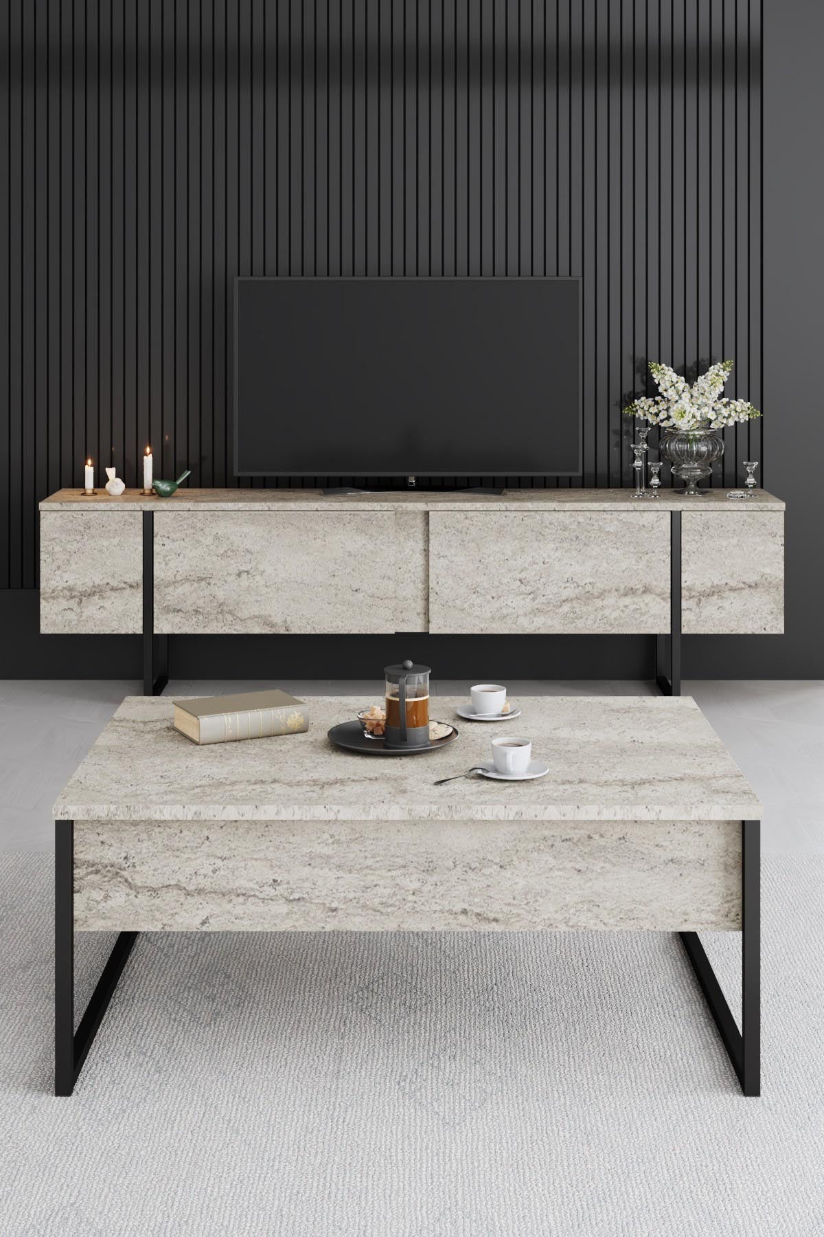 Gestalten Sie Ihr Wohnzimmer stilvoll mit dem Luxe - Travertine, Black TV-Stand von Hanah Home. Eleganz und Funktionalität vereint in einem zeitlosen Möbelstück.