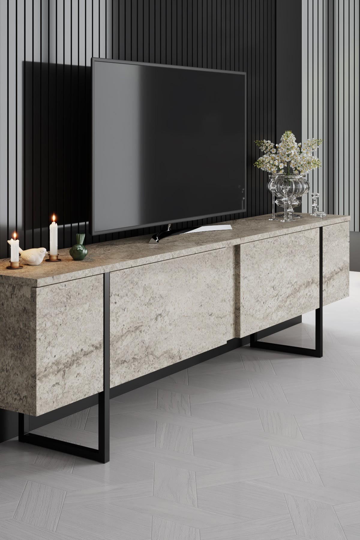 Verleihen Sie Ihrem Wohnzimmer mit dem Luxe - Travertine, Black TV-Stand von Hanah Home einen modernen Touch. Stilvolles Design trifft auf praktische Funktionalität.