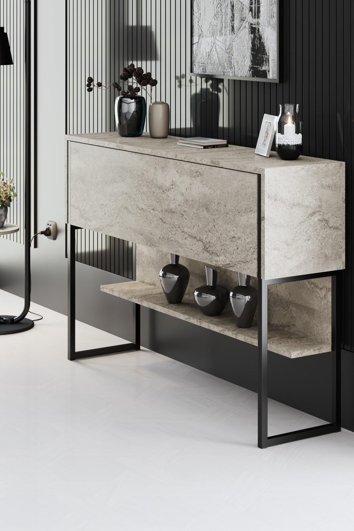 Verleihen Sie Ihrem Wohnzimmer mit dem Luxe - Travertine, Black TV-Stand von Hanah Home einen modernen Touch. Stilvolles Design trifft auf praktische Funktionalität.