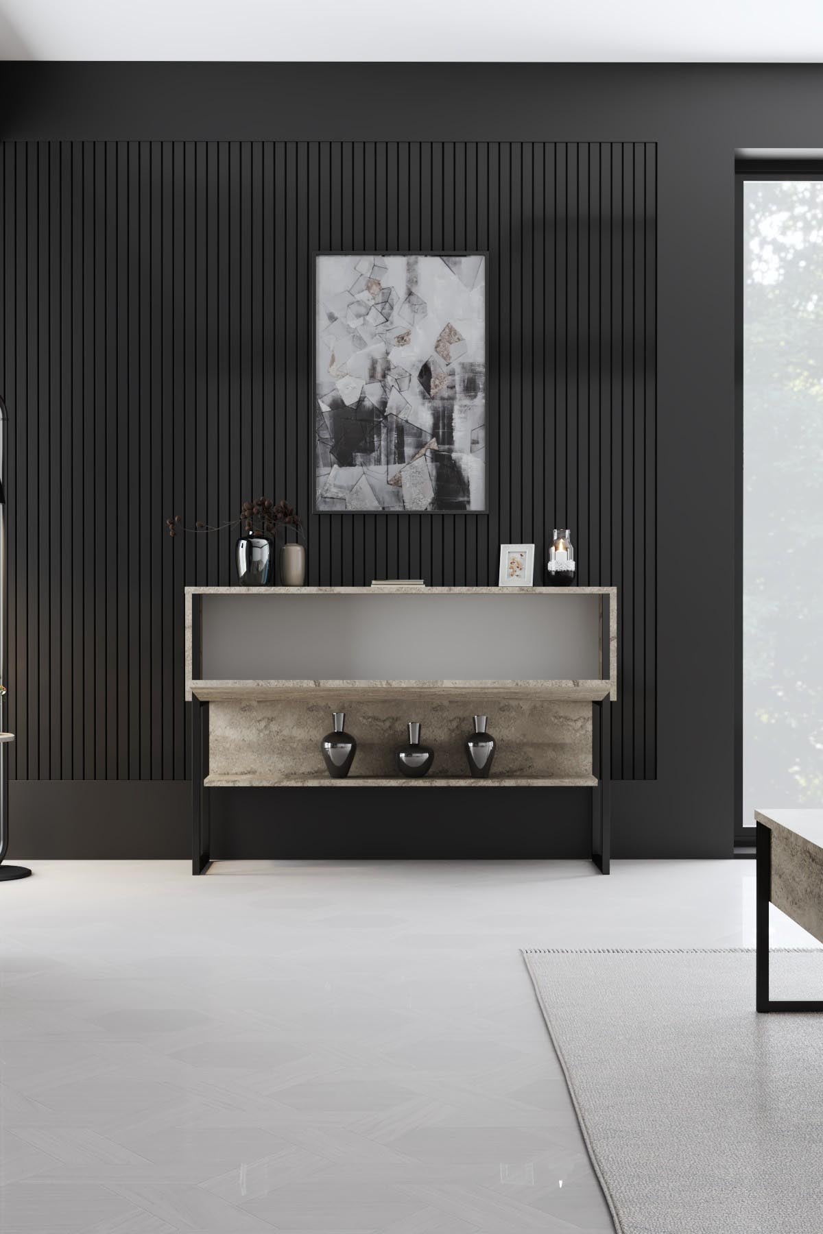 Gestalten Sie Ihr Wohnzimmer neu mit dem eleganten Luxe - Travertine, Black TV-Stand von Hanah Home. Perfekte Kombination aus Stil und Funktionalität.