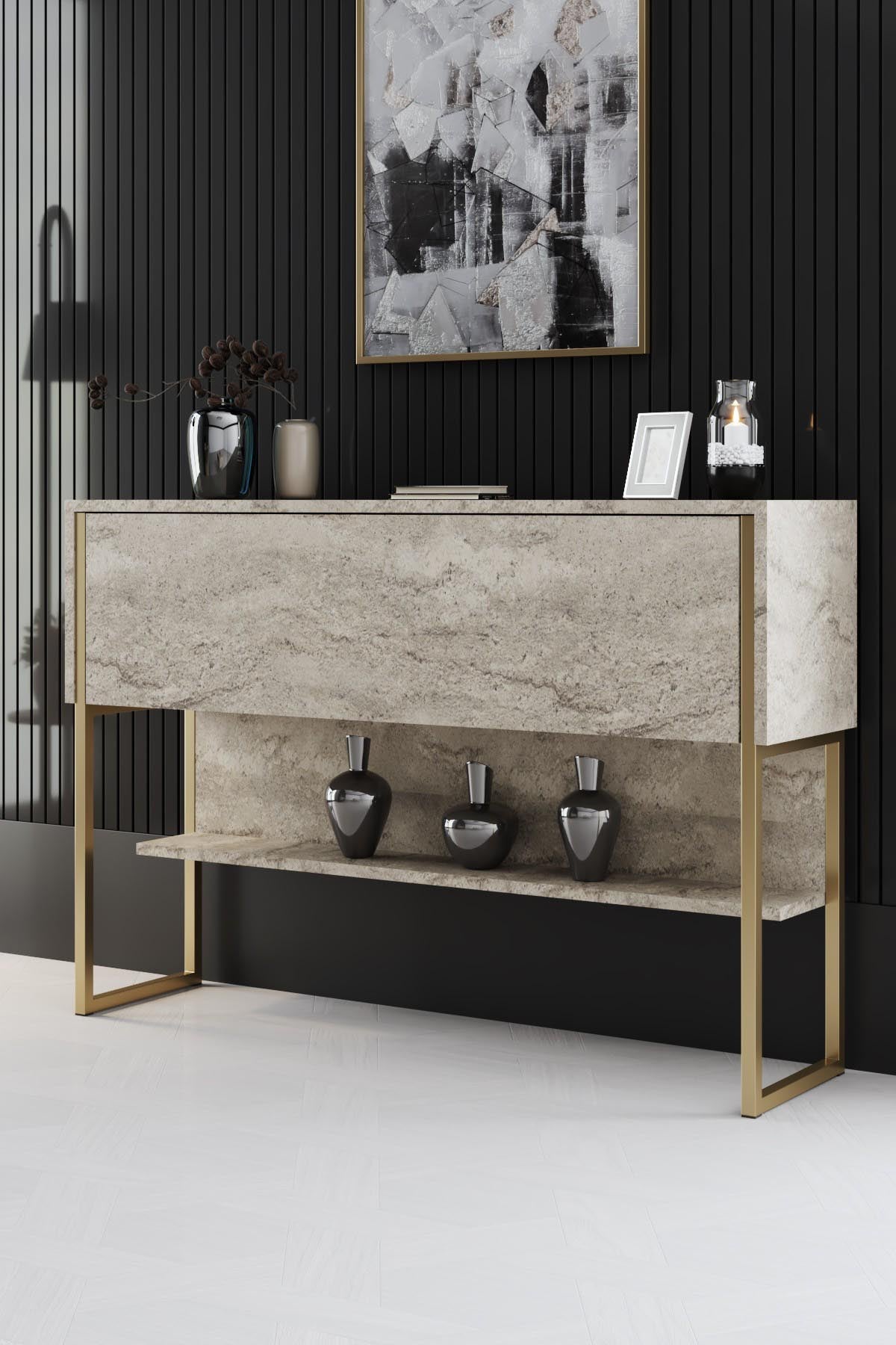 Entdecken Sie den eleganten TV-Stand Luxe in Travertin und Gold von Hanah Home. Stilvoll, funktional und perfekt für Ihr Wohnzimmer!
