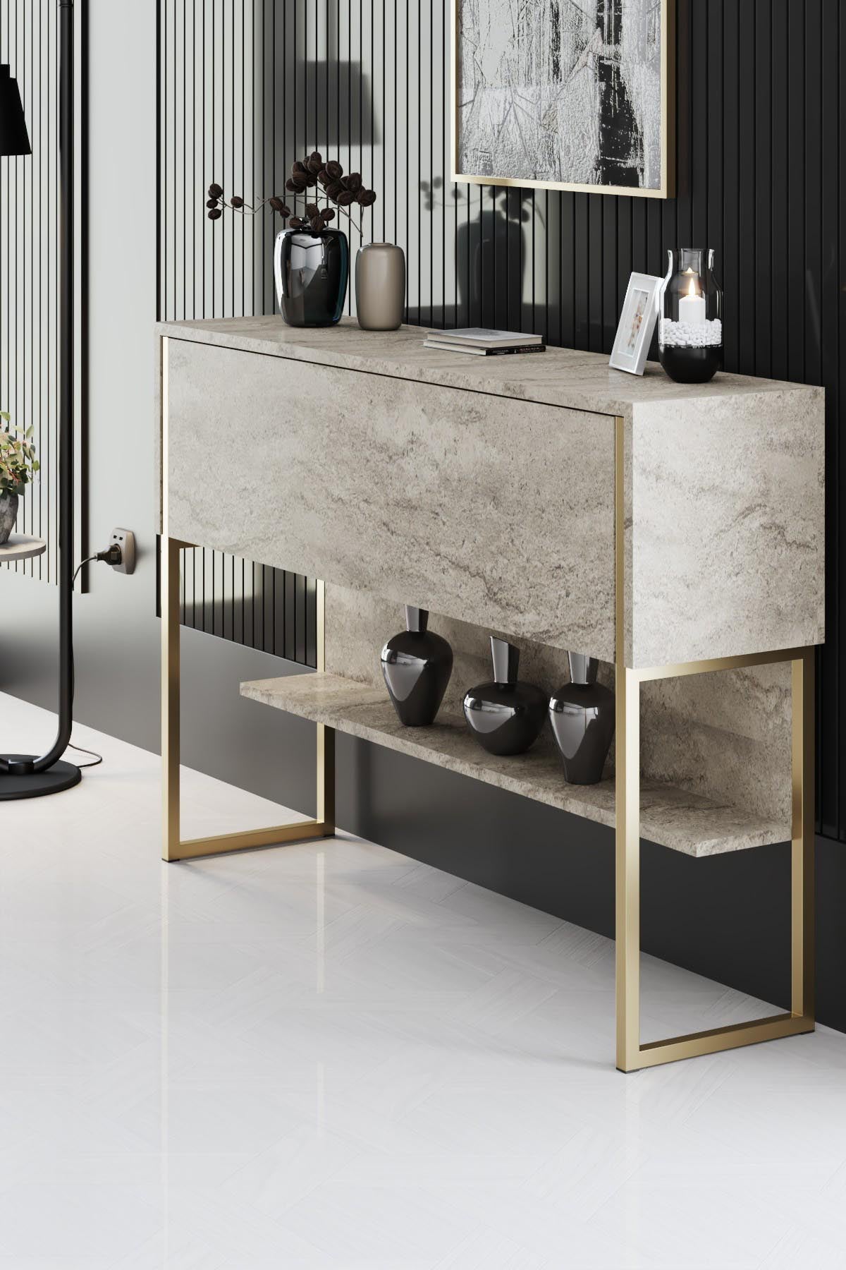 Verleihen Sie Ihrem Wohnzimmer mit dem Luxe TV-Stand in Travertin und Gold von Hanah Home einen Hauch von Luxus und Stil. Ideal für jedes Dekor!