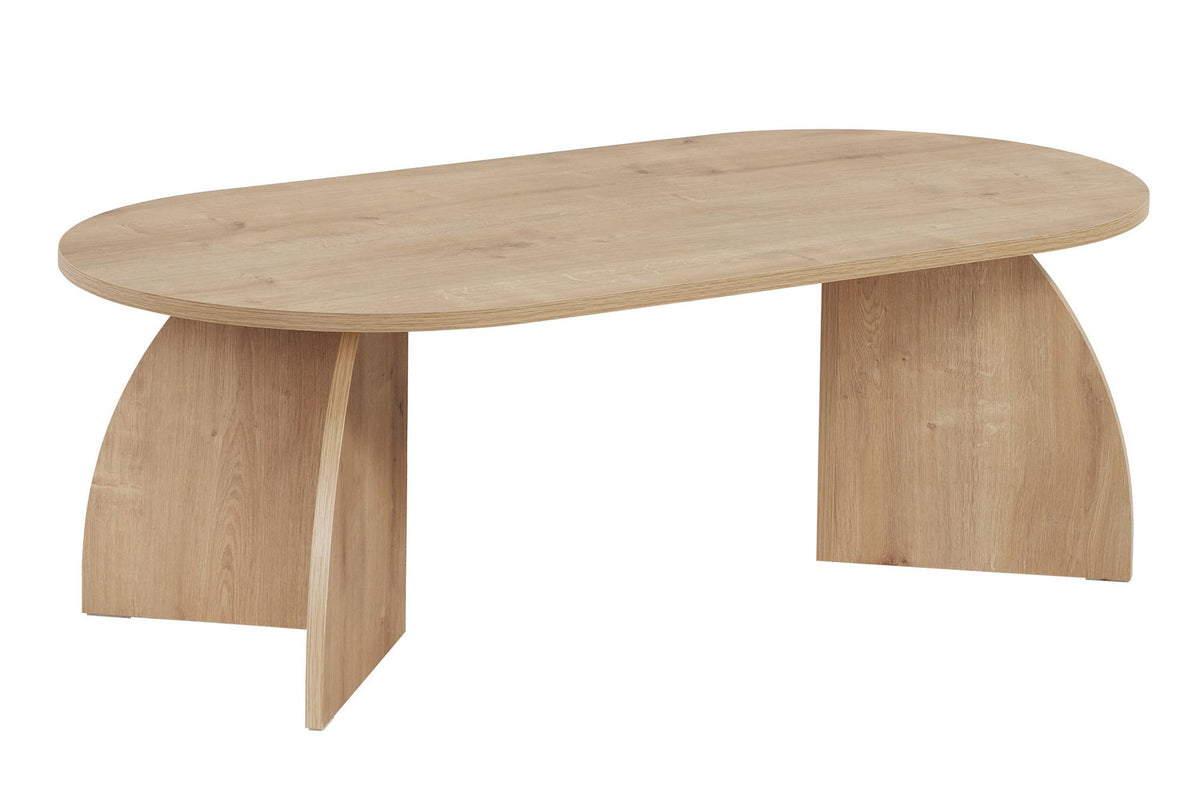 Rechteckiger Couchtisch Melina in Saphir-Eiche aus melaminbeschichteter Spanplatte, schlichtes Design mit klaren Linien und vier Beinen.
