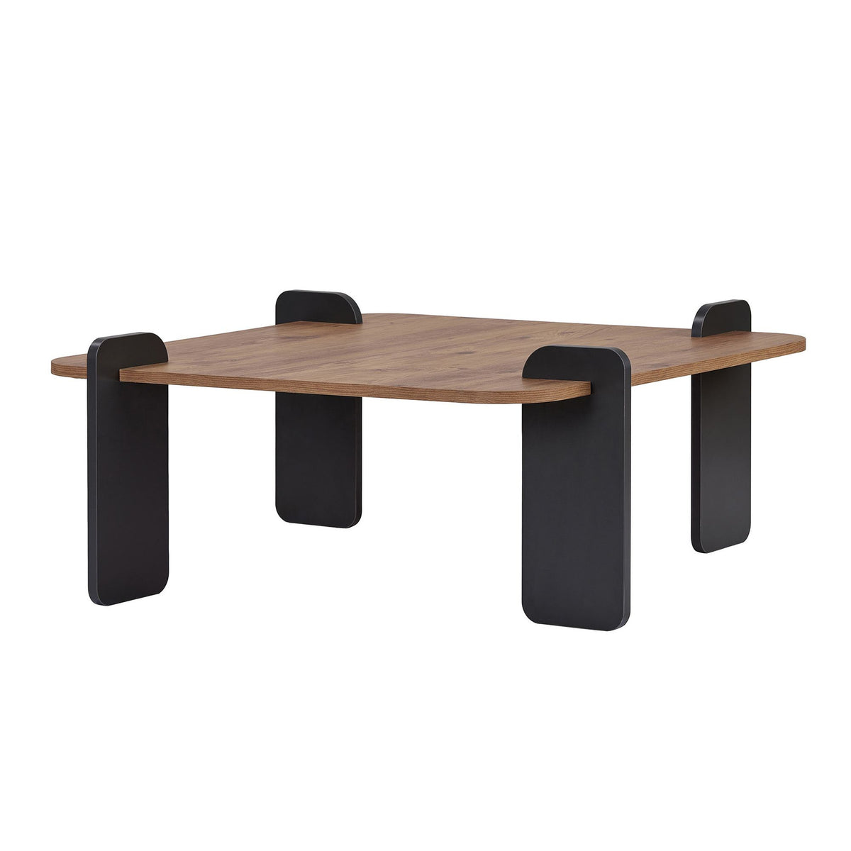 Quadratischer Couchtisch aus melaminbeschichteter Spanplatte in Atlantik-Kiefer und Anthrazit, Masse 117 x 117 x 35 cm.