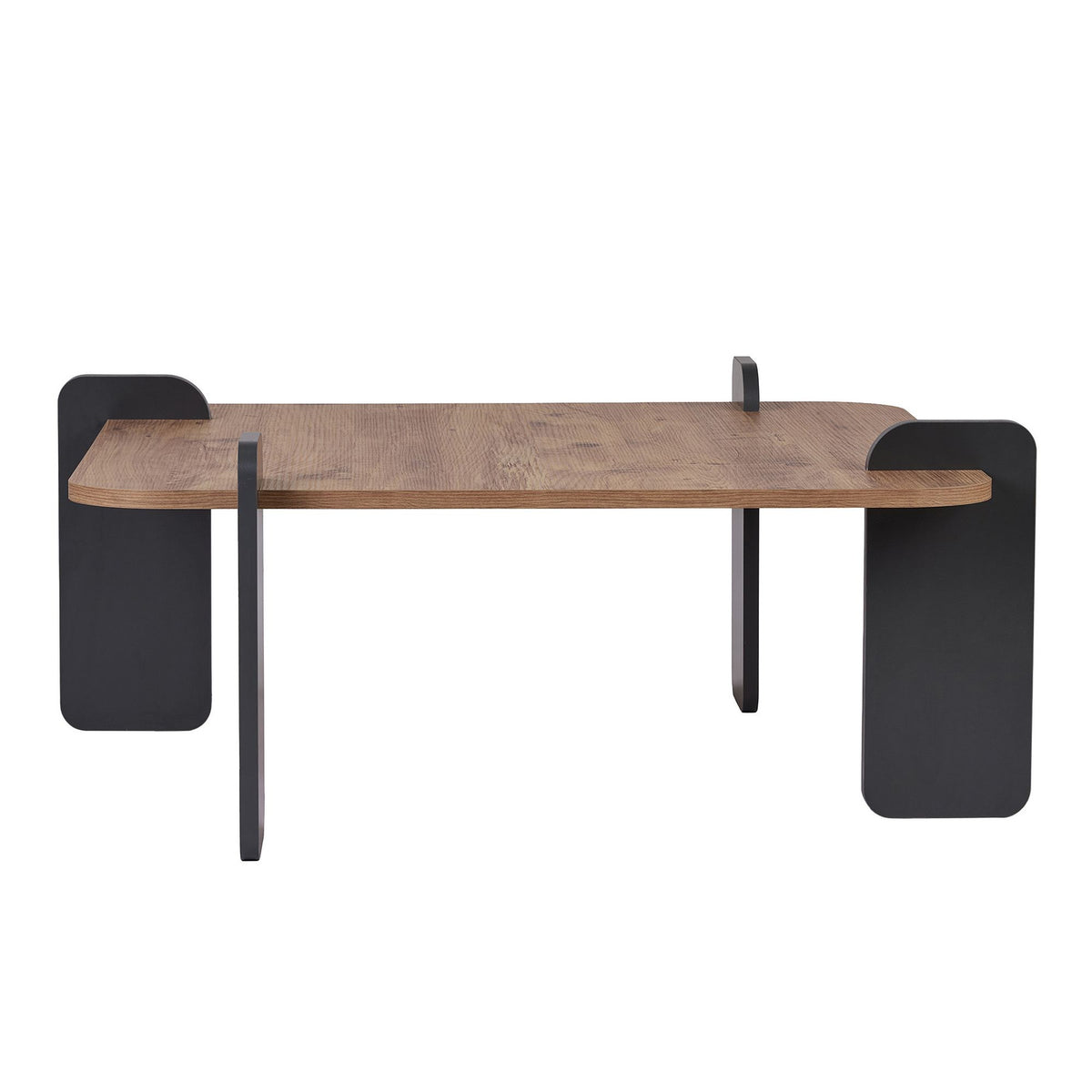Quadratischer Couchtisch aus melaminbeschichteter Spanplatte in Atlantik-Kiefer und Anthrazit, Masse 117 x 117 x 35 cm.