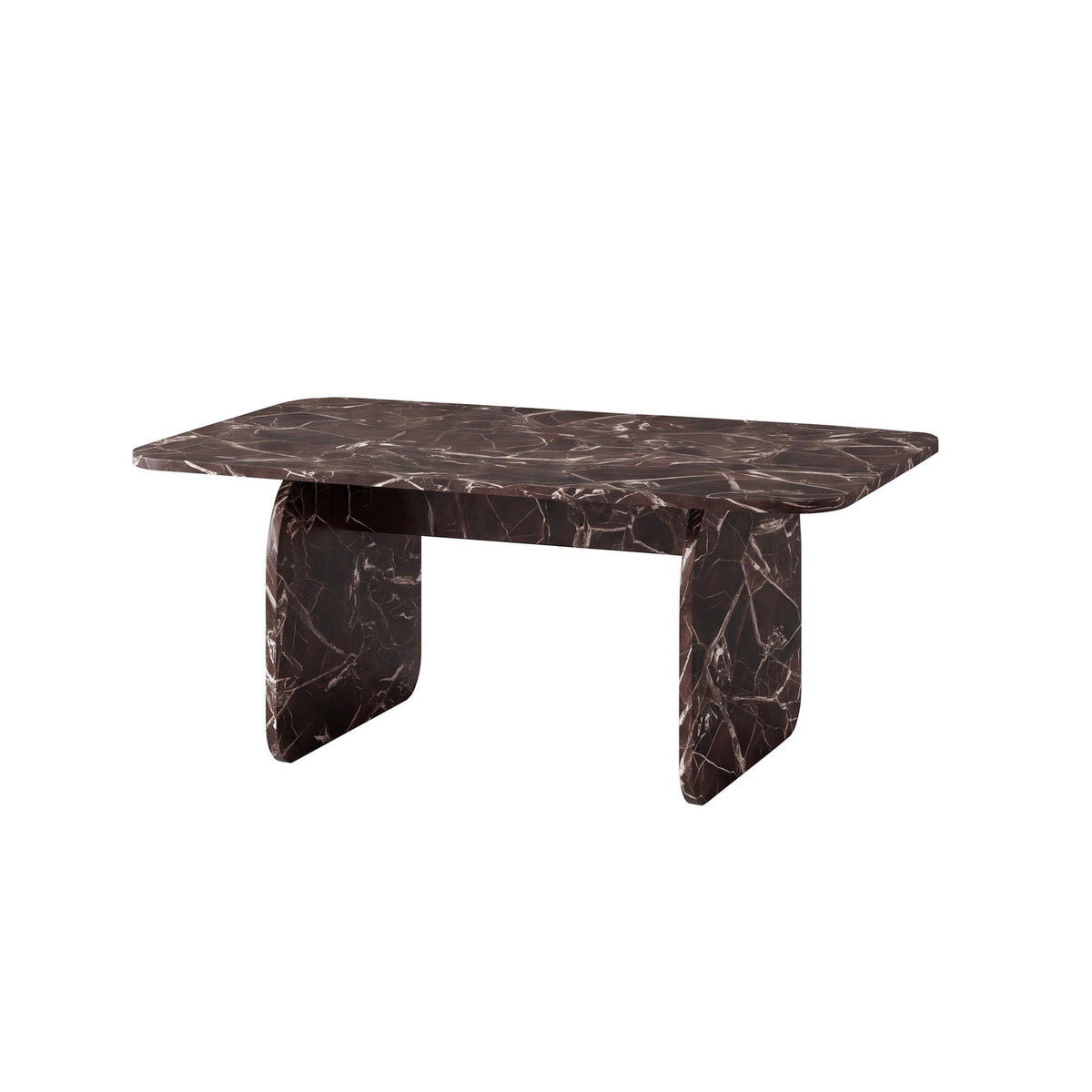 Rechteckiger Couchtisch mit marmorähnlicher, brauner Oberfläche aus melaminbeschichteter Spanplatte, schlichtes modernes Design, Grösse 100x60x42 cm.