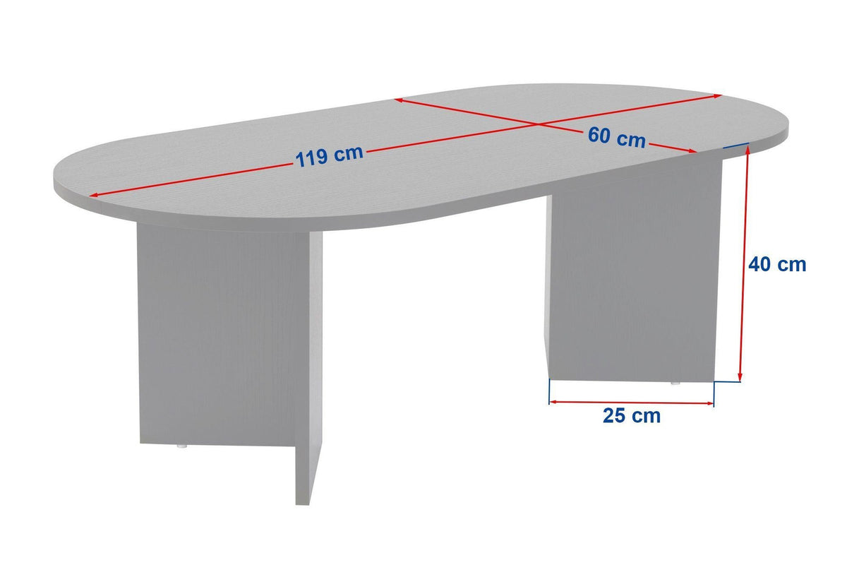 Couchtisch Sable in Eiche Pusula mit melaminbeschichteter Spanplattenoberfläche, rechteckige Form, Masse 119x60x40 cm, freistehend im Raum.