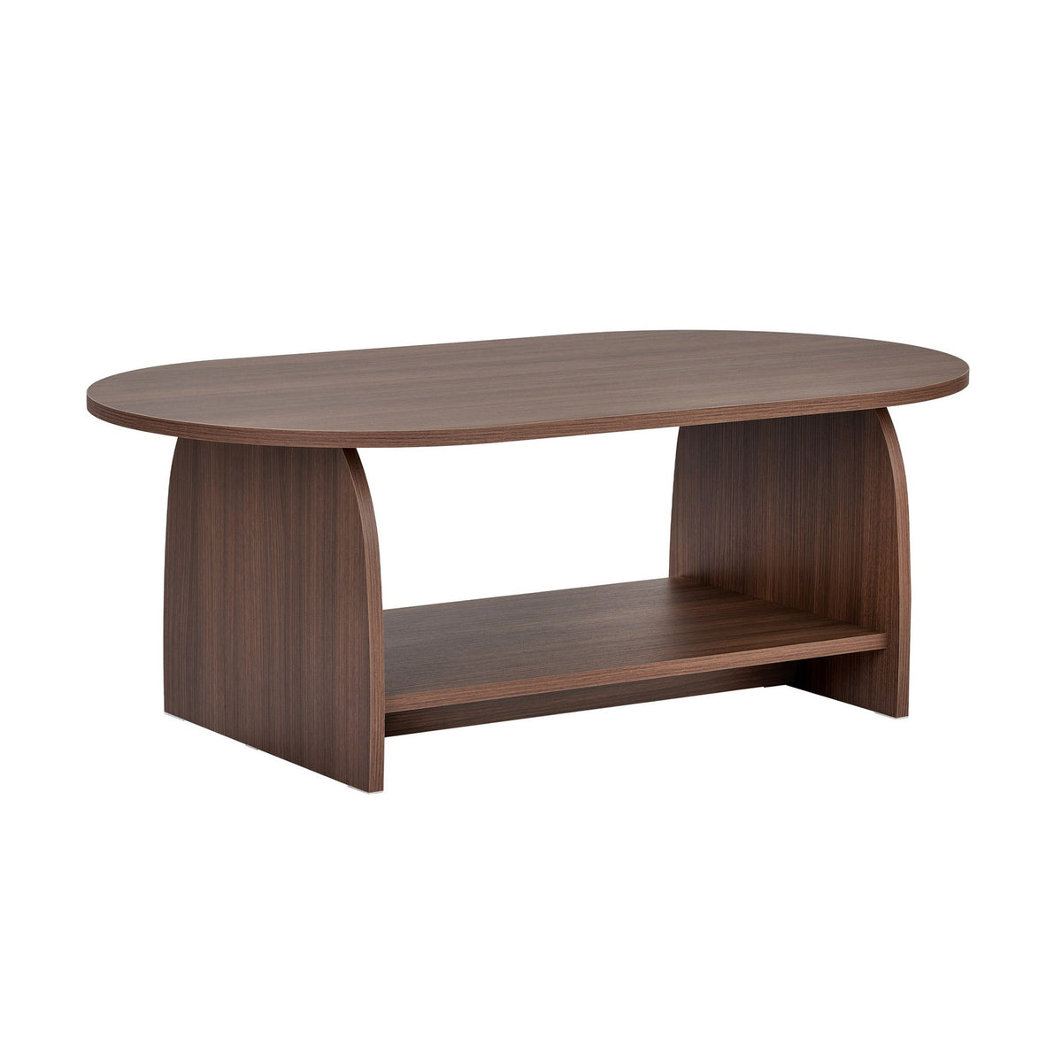 Rechteckiger Couchtisch in Nussbaum-Optik mit schlankem Design, Oberfläche aus melaminbeschichteter Spanplatte, freistehend im Wohnbereich.