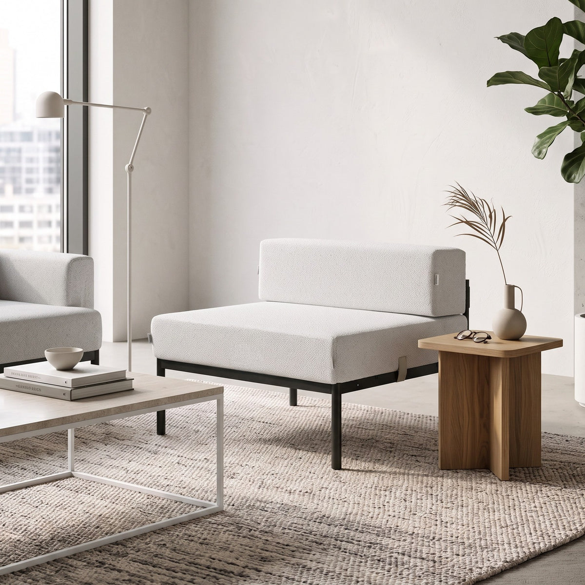 Einzelnes 1-Sitzer-Modul von Hanah Home in Schwarz/Grau mit Bouclé-Stoff, Metallbeinen und gepolsterter Rückenlehne, Masse 90x90x46 cm.