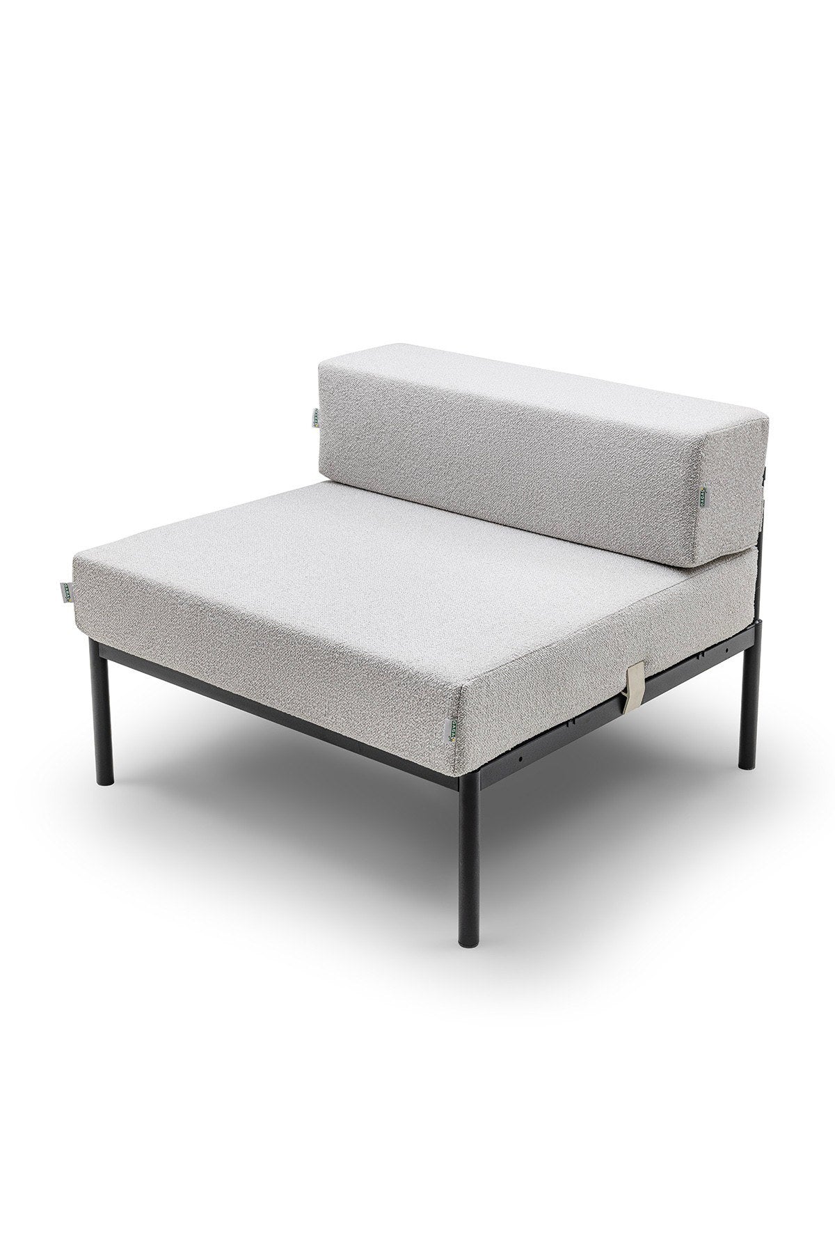Einzelnes 1-Sitzer-Modul von Hanah Home in Schwarz/Grau mit Bouclé-Stoff, Metallbeinen und gepolsterter Rückenlehne, Masse 90x90x46 cm.