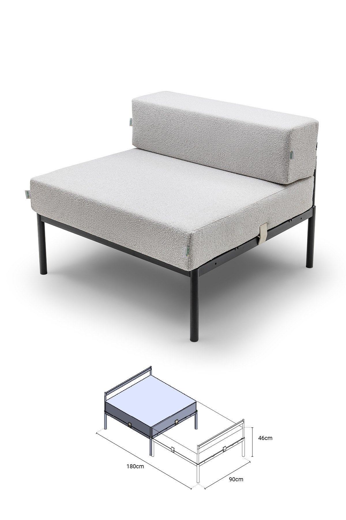 Einzelnes 1-Sitzer-Modul von Hanah Home in Schwarz/Grau mit Bouclé-Stoff, Metallbeinen und gepolsterter Rückenlehne, Masse 90x90x46 cm.