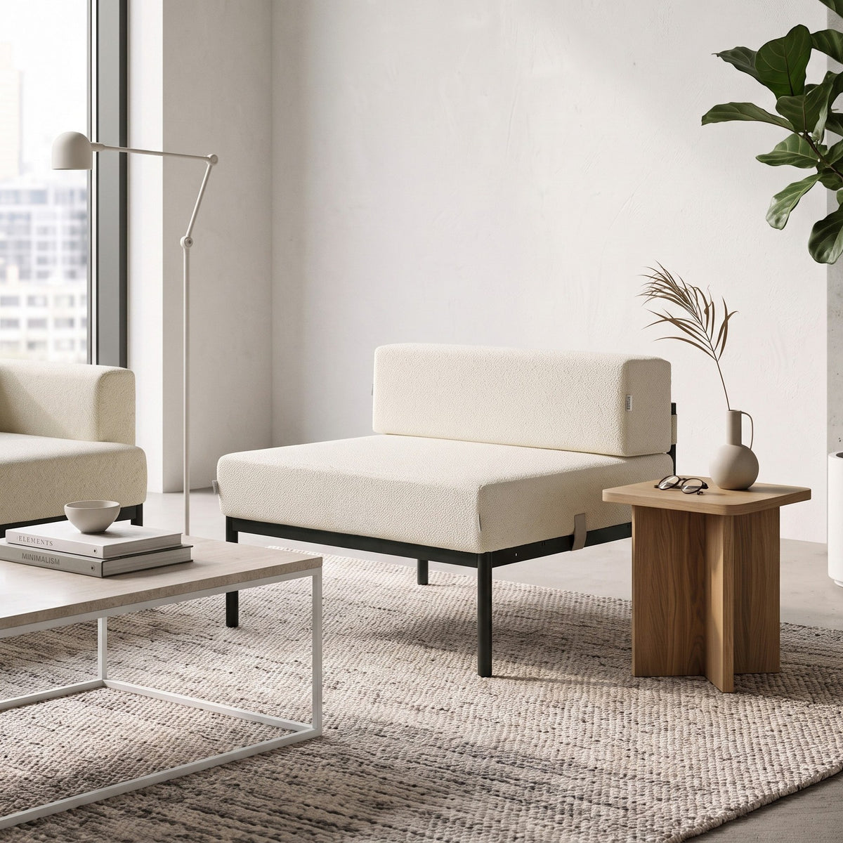 Einzelnes 1-Sitzer-Modul von Hanah Home in Schwarz und Creme, Bouclé-Stoff, Metallgestell mit schwarzen Metallbeinen, quadratische Sitzform.