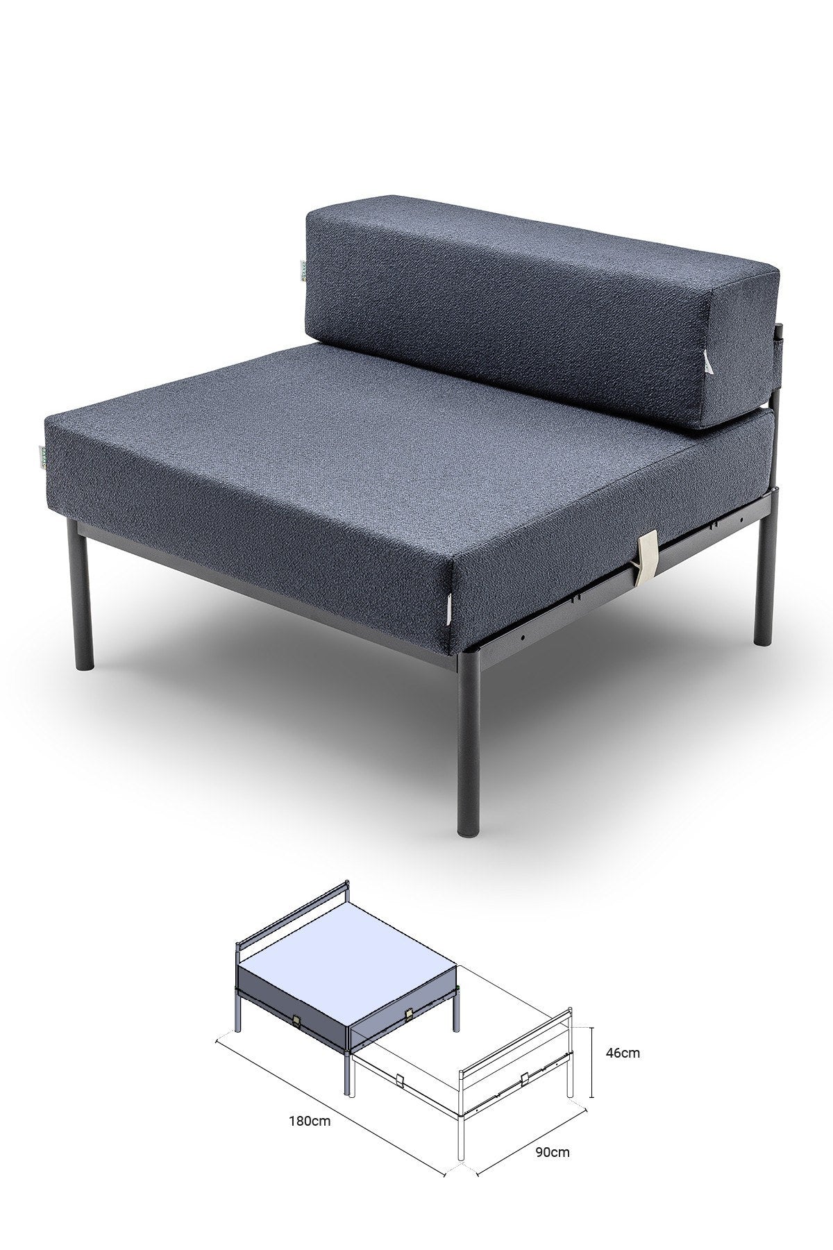 Einzelmodul-Sofasessel von Hanah Home in Schwarz und Marineblau mit Bouclé-Stoffbezug, Metallbeinen und gepolsterter Rückenlehne auf weissem Hintergrund.