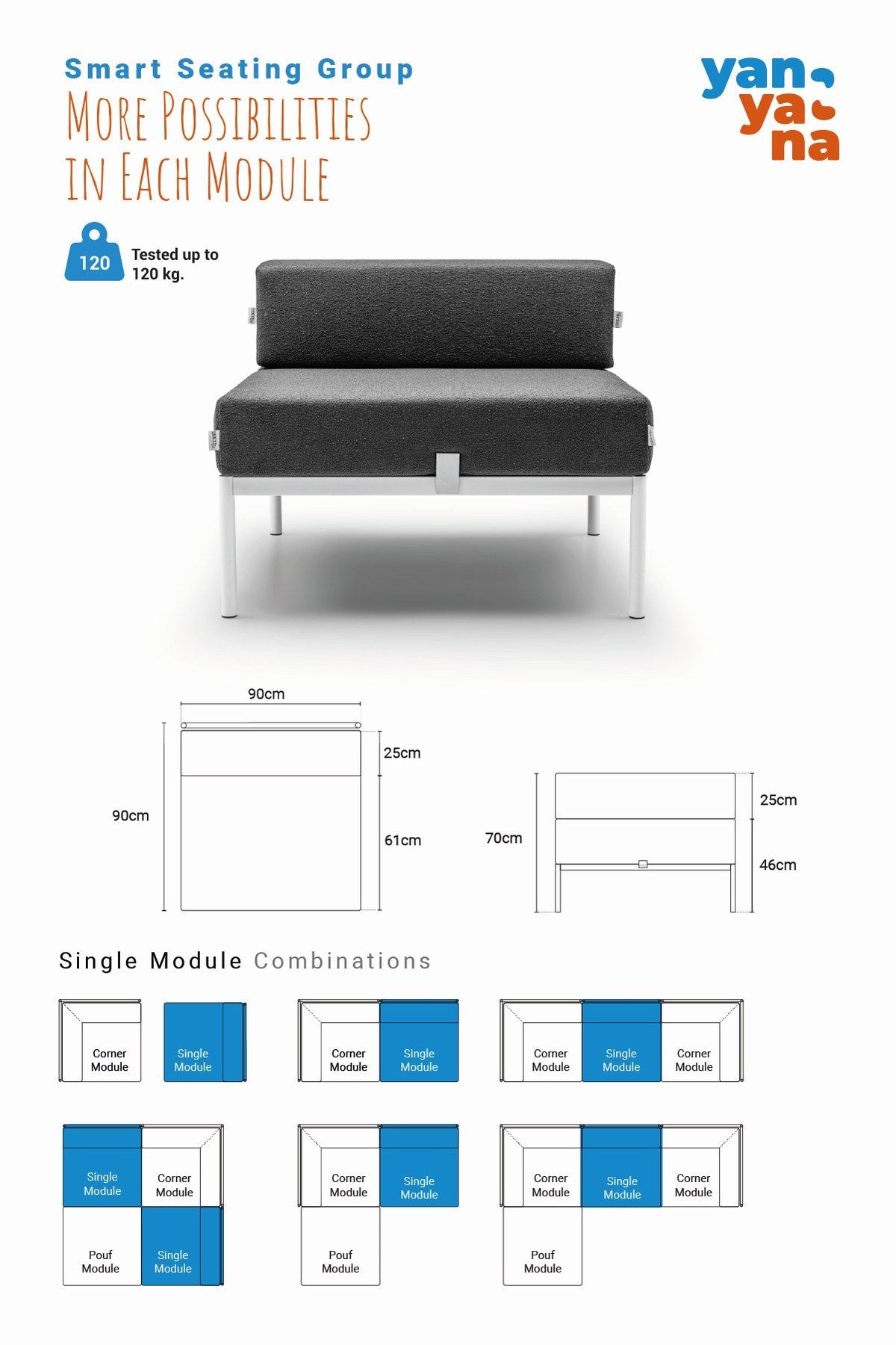 Einzelmodul-Sofasessel von Hanah Home in Schwarz und Marineblau mit Bouclé-Stoffbezug, Metallbeinen und gepolsterter Rückenlehne auf weissem Hintergrund.