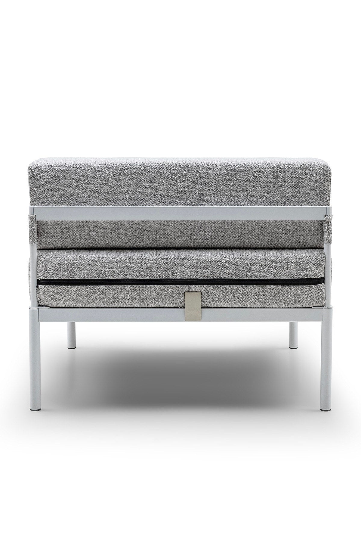 Foto eines 1-Sitzer-Moduls von Hanah Home mit Metallgestell, Metallbeinen und grauem Bouclé-Stoffbezug, Masse 90x90x46 cm.