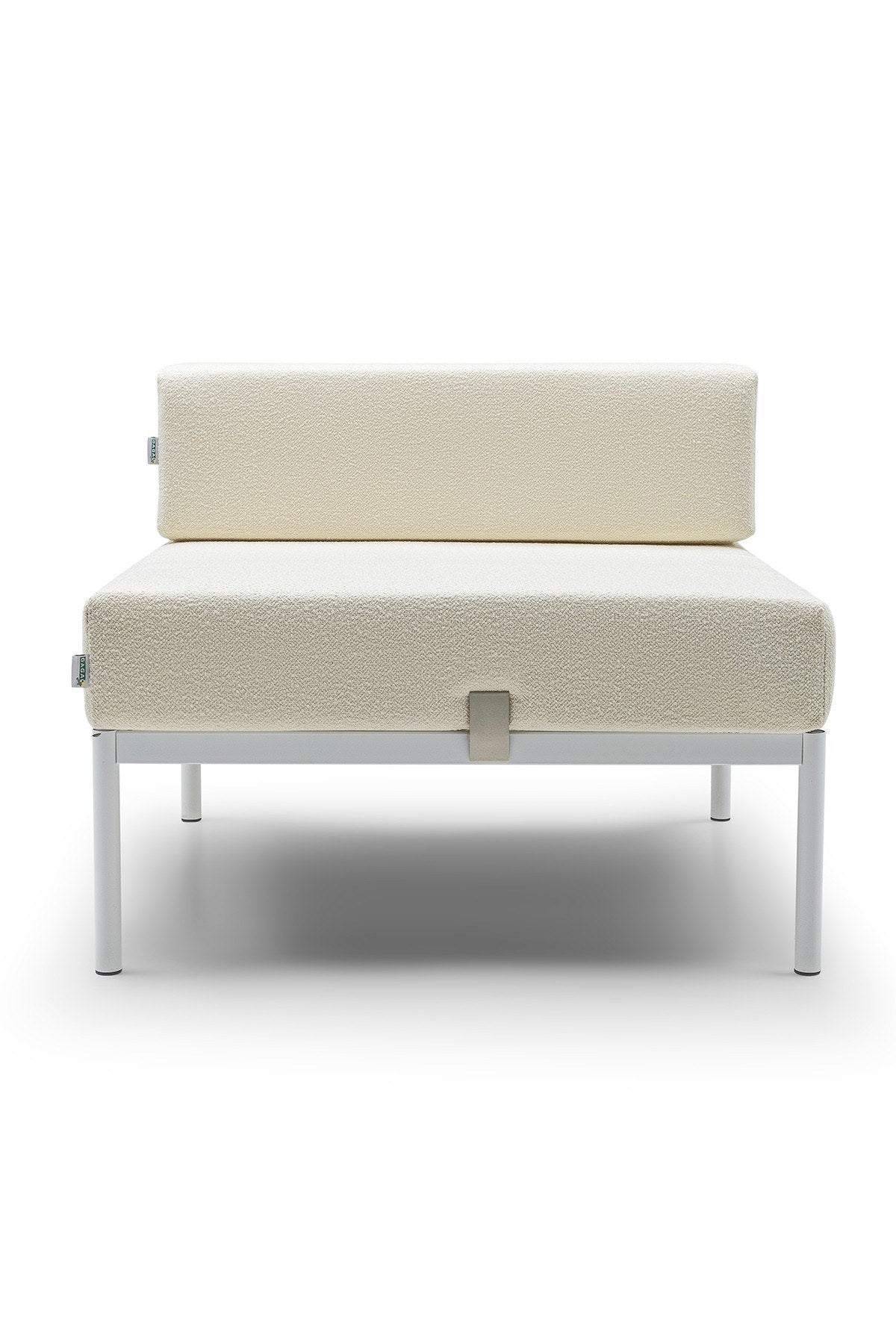 Einzelnes 1-Sitzer-Sofamodul mit Bouclé-Stoffbezug in Weiss/Creme, Metallgestell und Metallbeinen, Sitzhöhe 46 cm, verstellbare Rückenlehne.