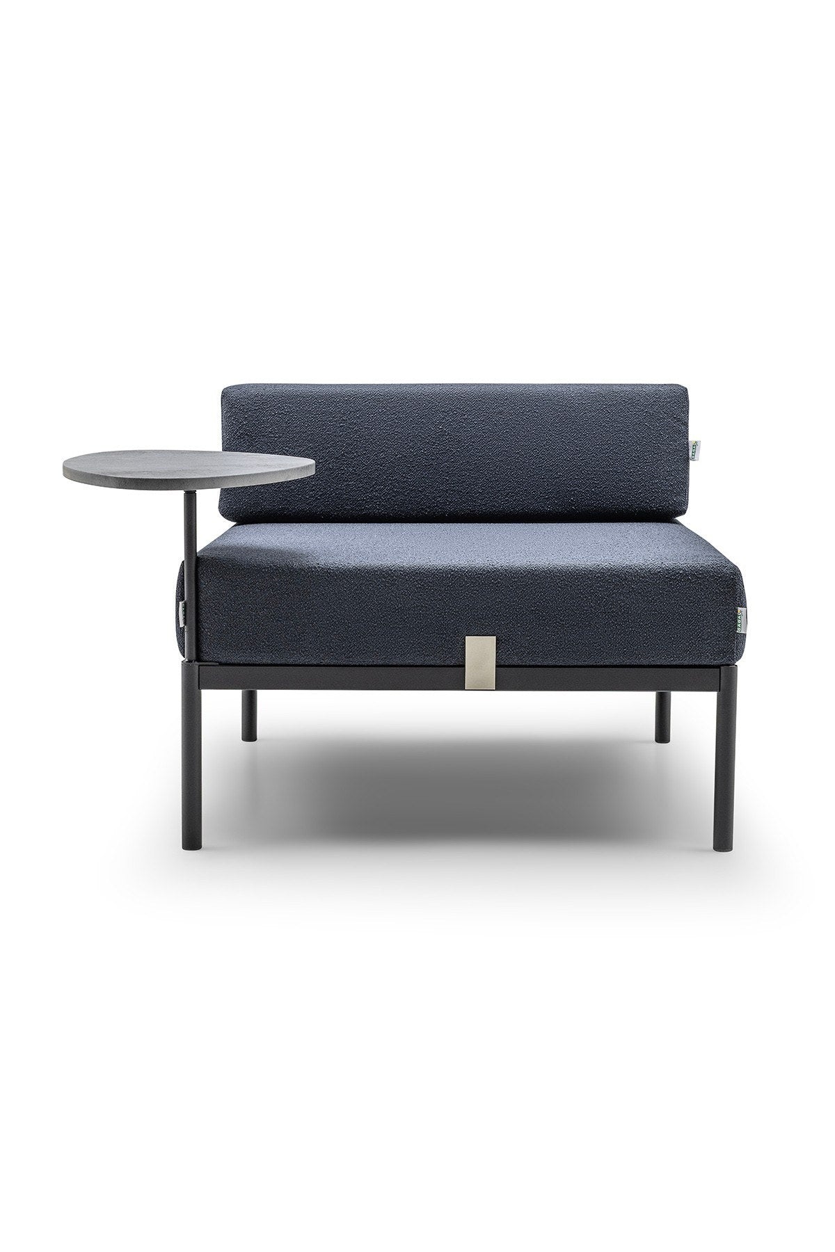 Foto vom 1-Sitzer-Modul mit Beistelltisch von Hanah Home in Schwarz und Marineblau, Bouclé-Stoff, Metallgestell, wendbares Design.