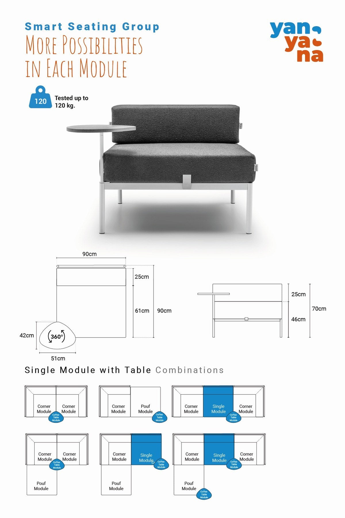 Foto vom 1-Sitzer-Modul mit Beistelltisch von Hanah Home in Schwarz und Marineblau, Bouclé-Stoff, Metallgestell, wendbares Design.