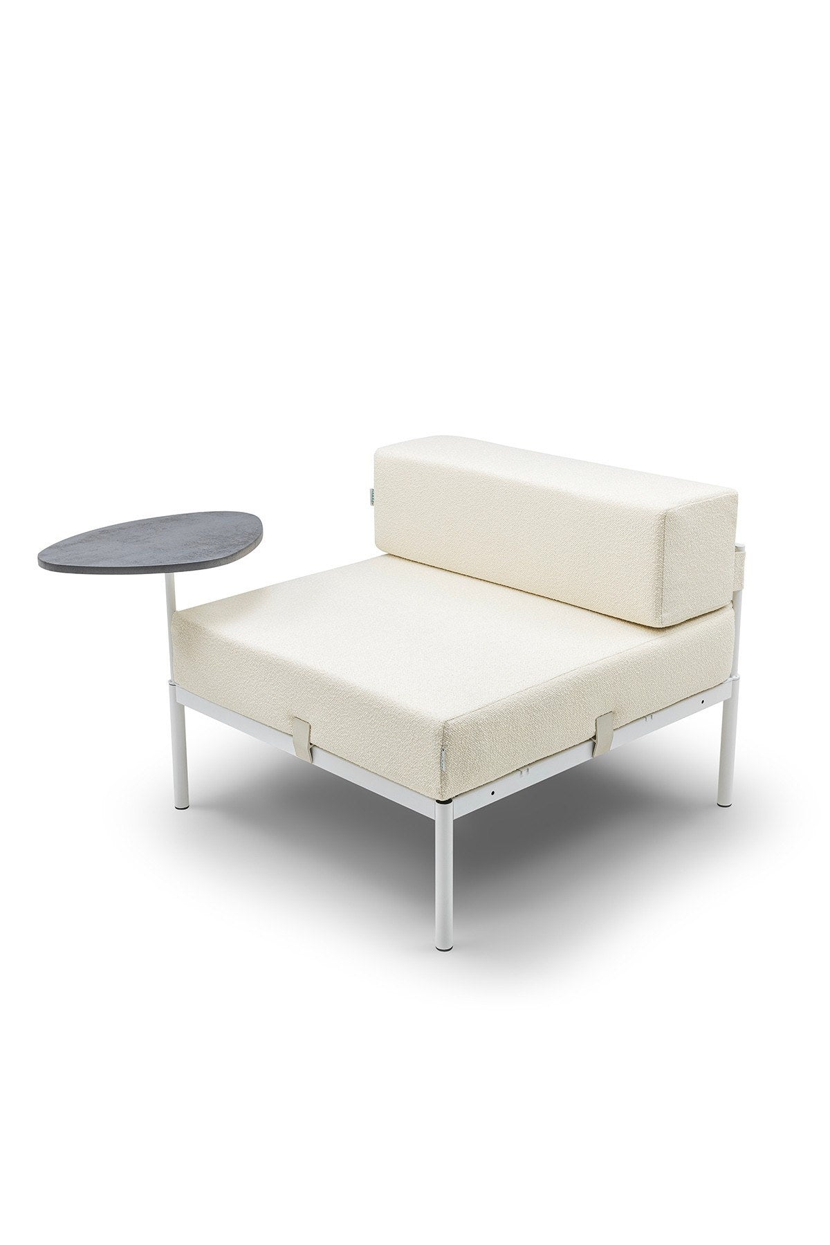 1-Sitzer-Modul mit Beistelltisch von Hanah Home in Weiss / Creme, Bouclé-Stoff, Metallgestell mit schlanken Metallbeinen und abnehmbaren Sitzkissen