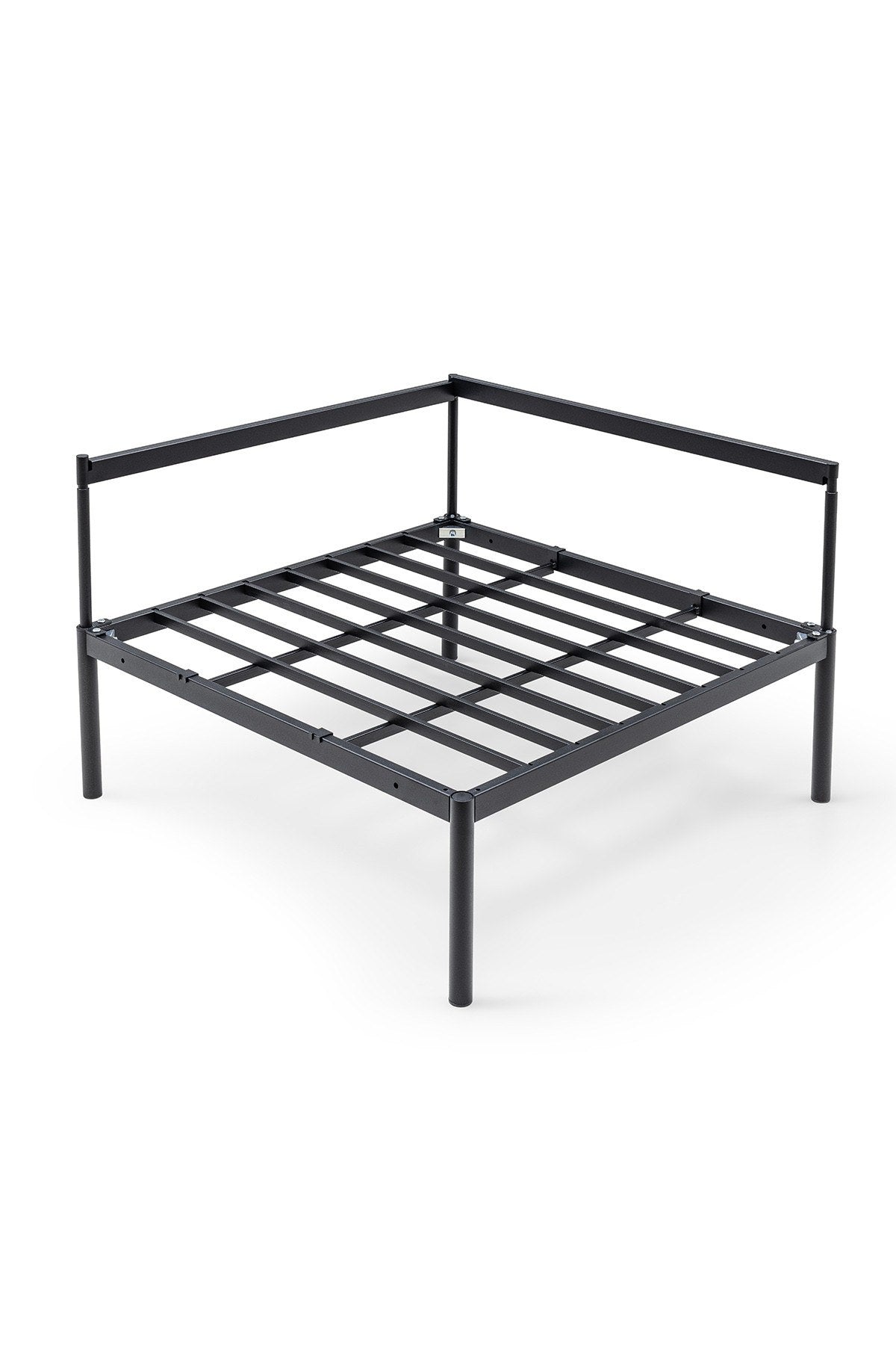 Eckmodul in Schwarz und Marineblau mit Bouclé-Stoff, Metallbeinen und gepolsterter, verstellbarer Rückenlehne, Frontalansicht.