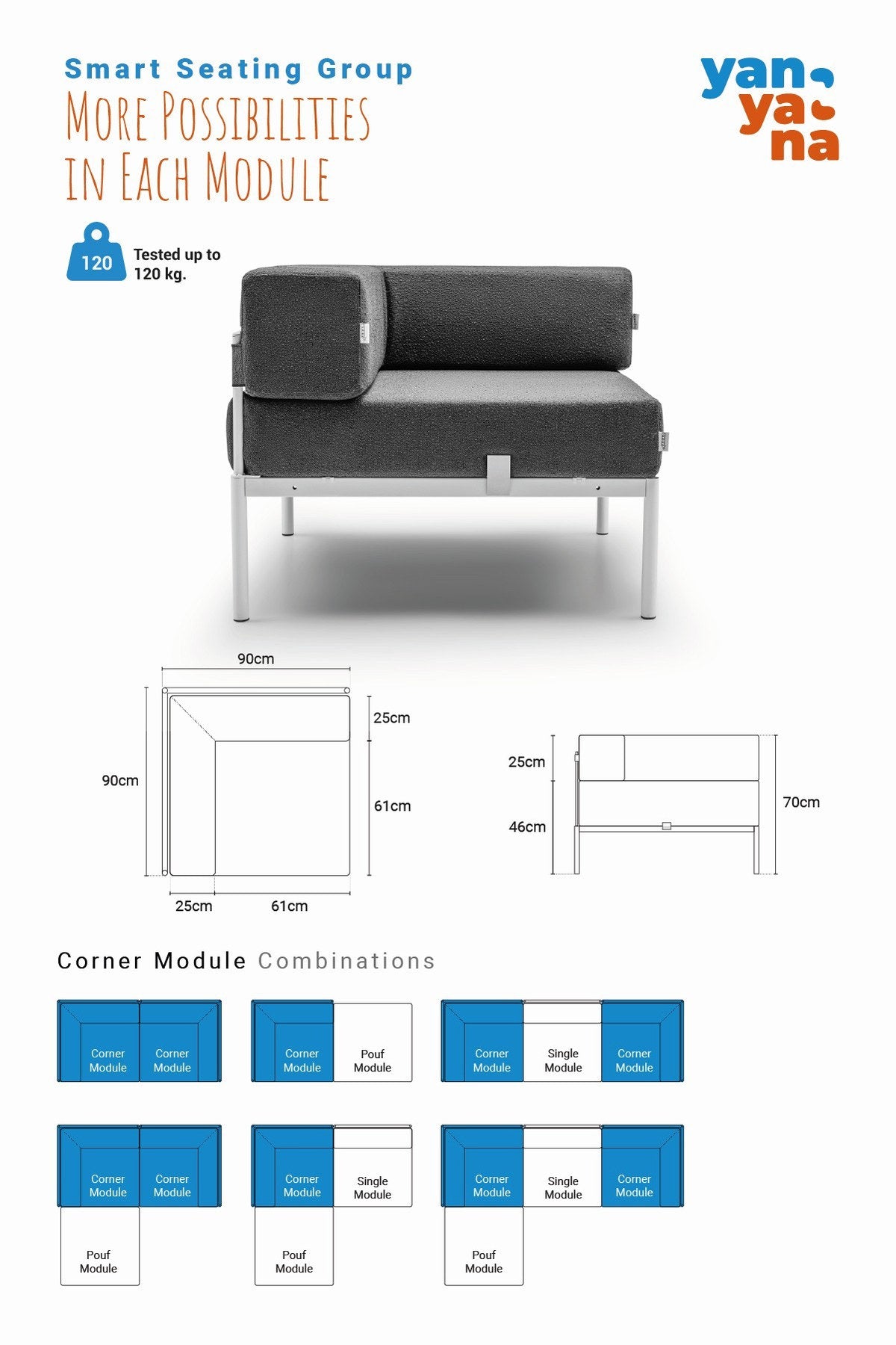 Eckmodul mit Metallgestell und Bouclé-Stoff in Weiss/Grau, Metallbeine, abnehmbare Sitzkissen, quadratische Form, 90x90 cm.